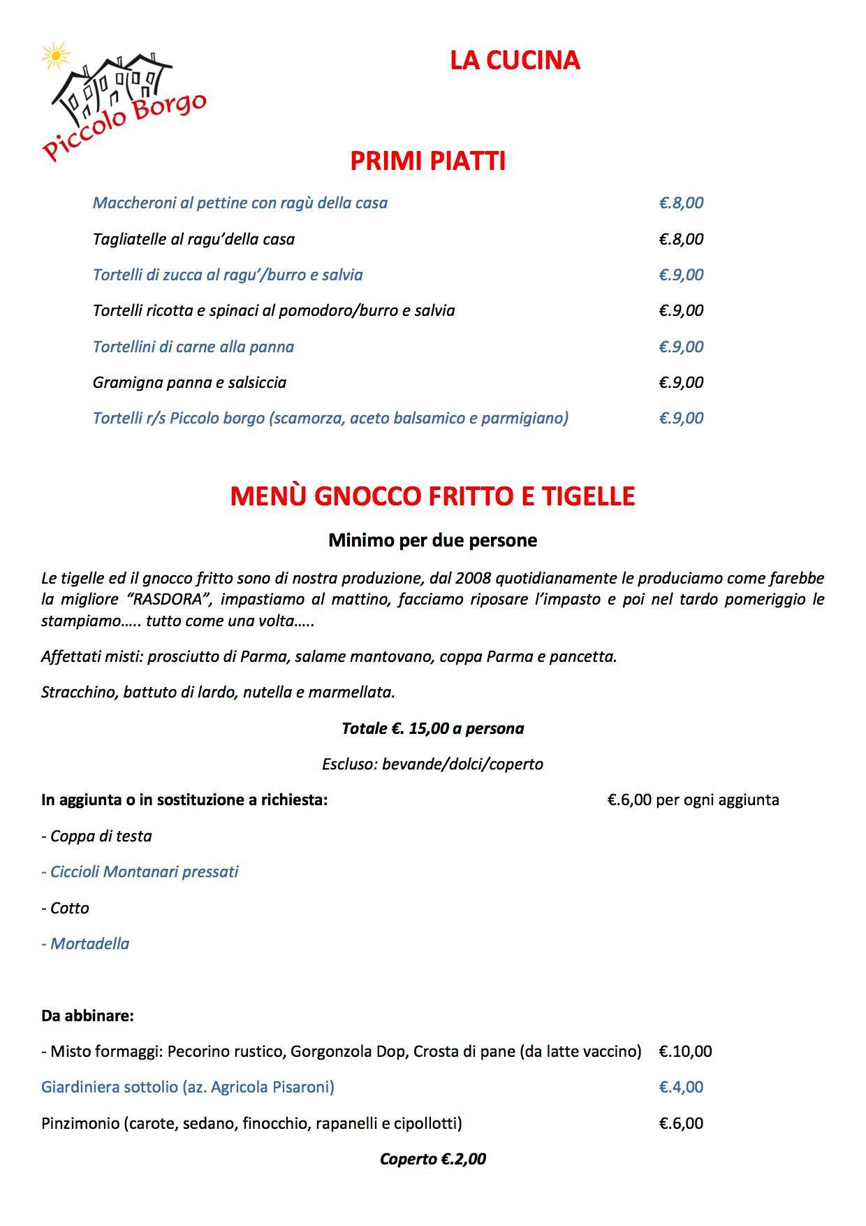 Menu di Trattoria Pizzeria Piccolo Borgo 