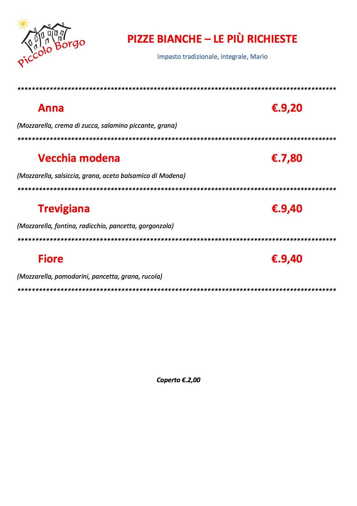 Menu di Trattoria Pizzeria Piccolo Borgo 