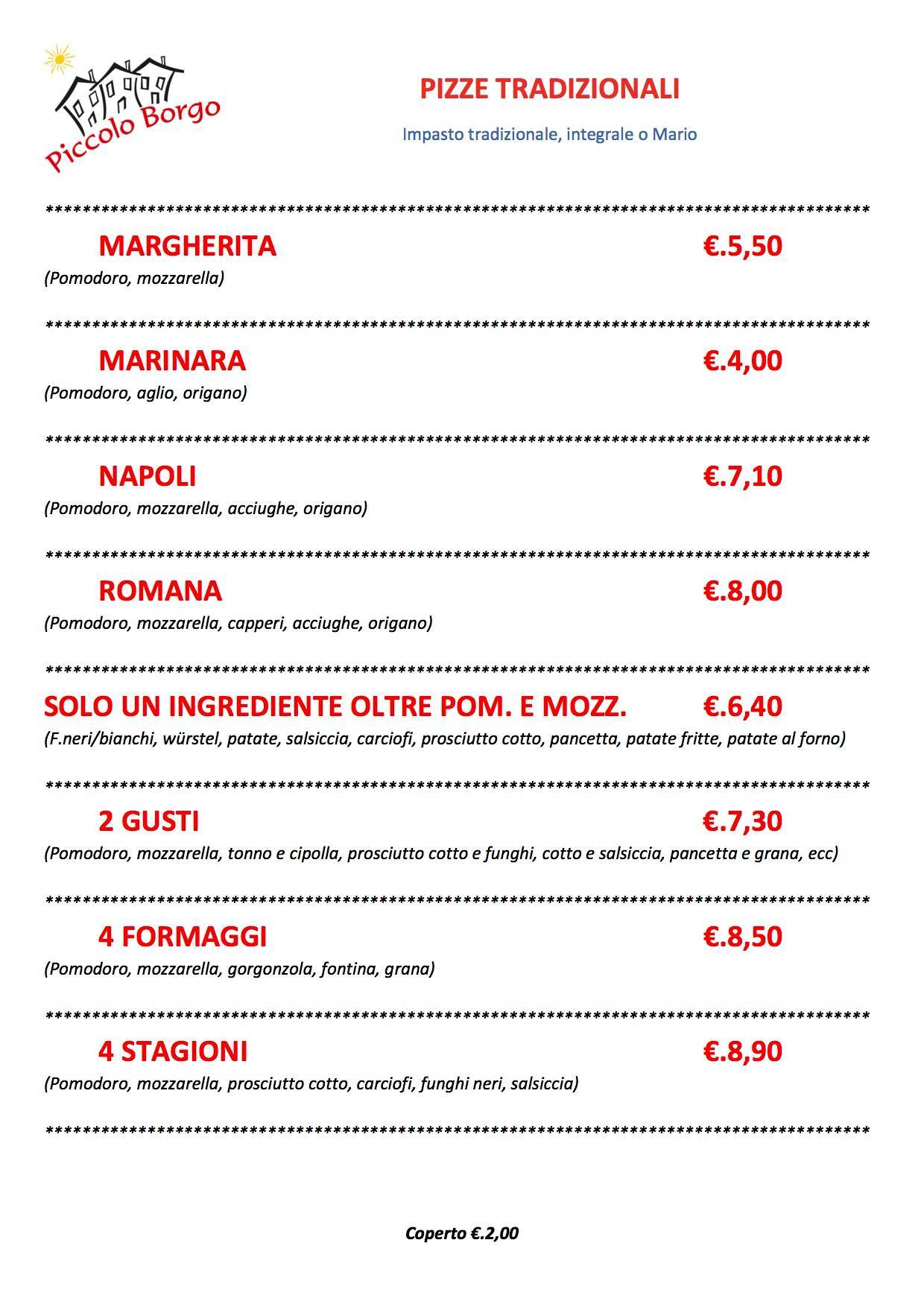 Menu di Trattoria Pizzeria Piccolo Borgo 