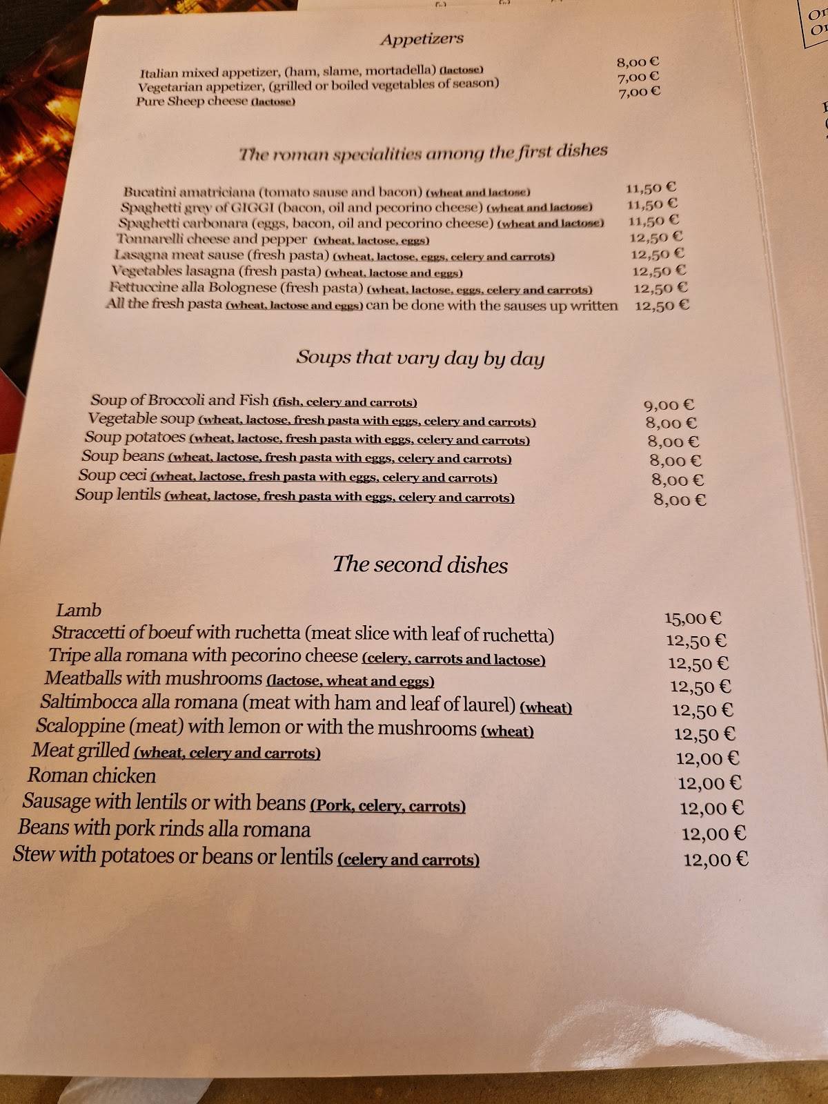 Menu di Trattoria Vaticano Giggi 