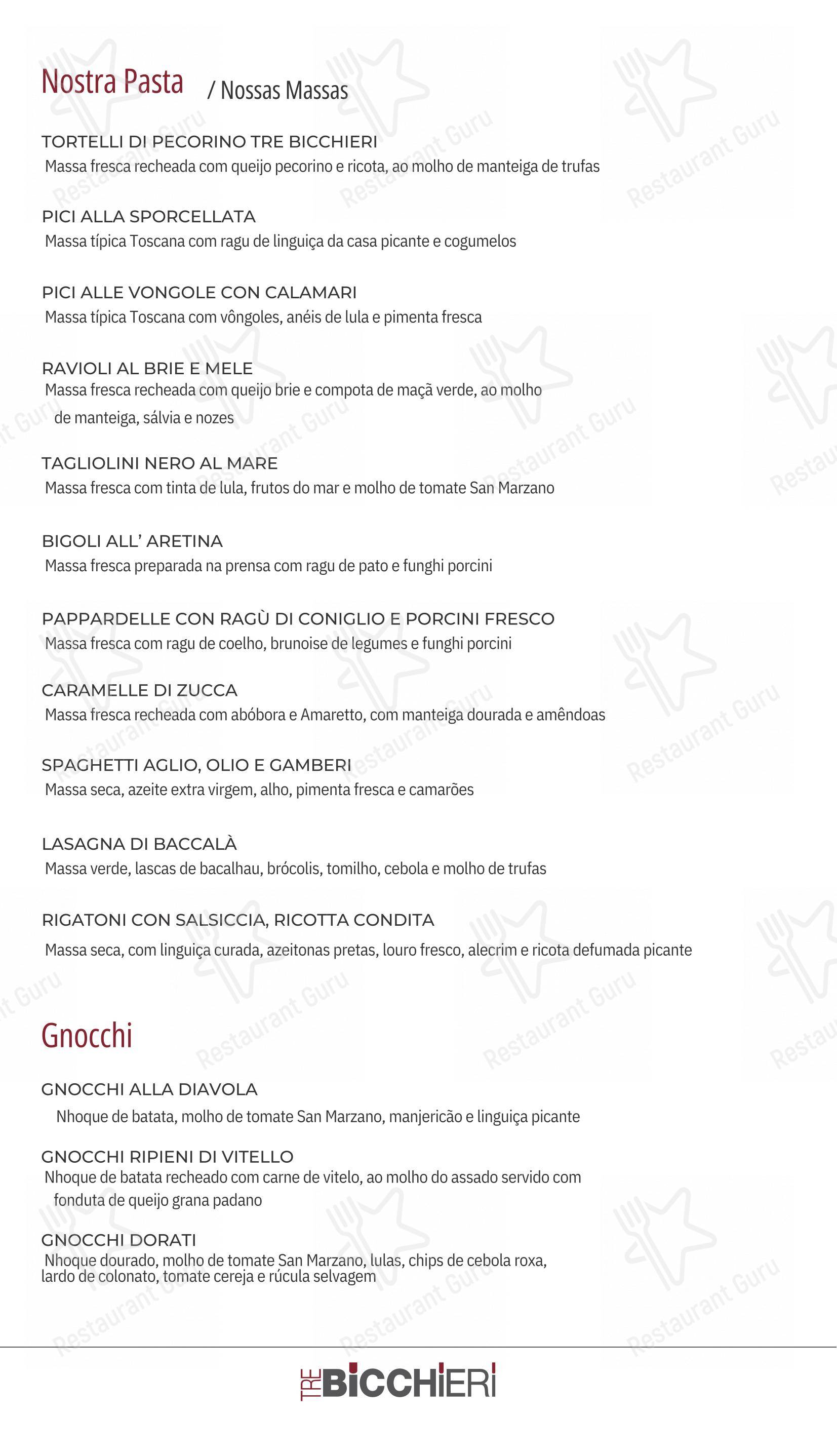 Menu para Tre Bicchieri restaurante