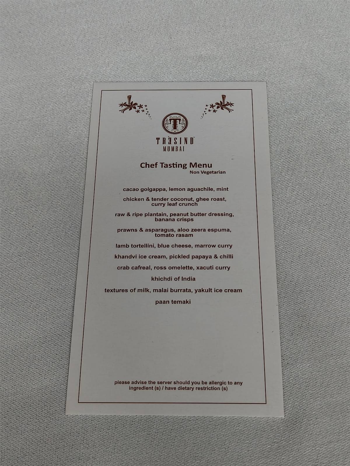 Trèsind Mumbai menu