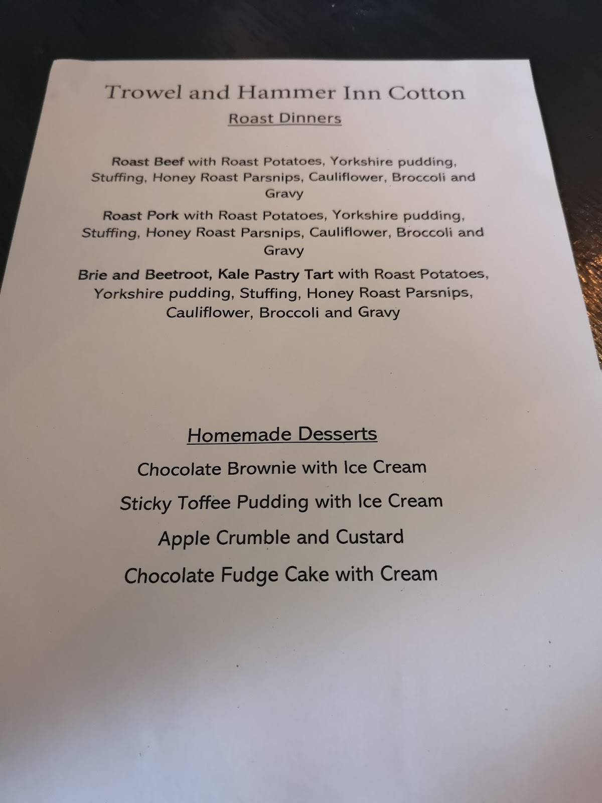 Menu at Trowel and Hammer Cotton pub & bar, Cotton