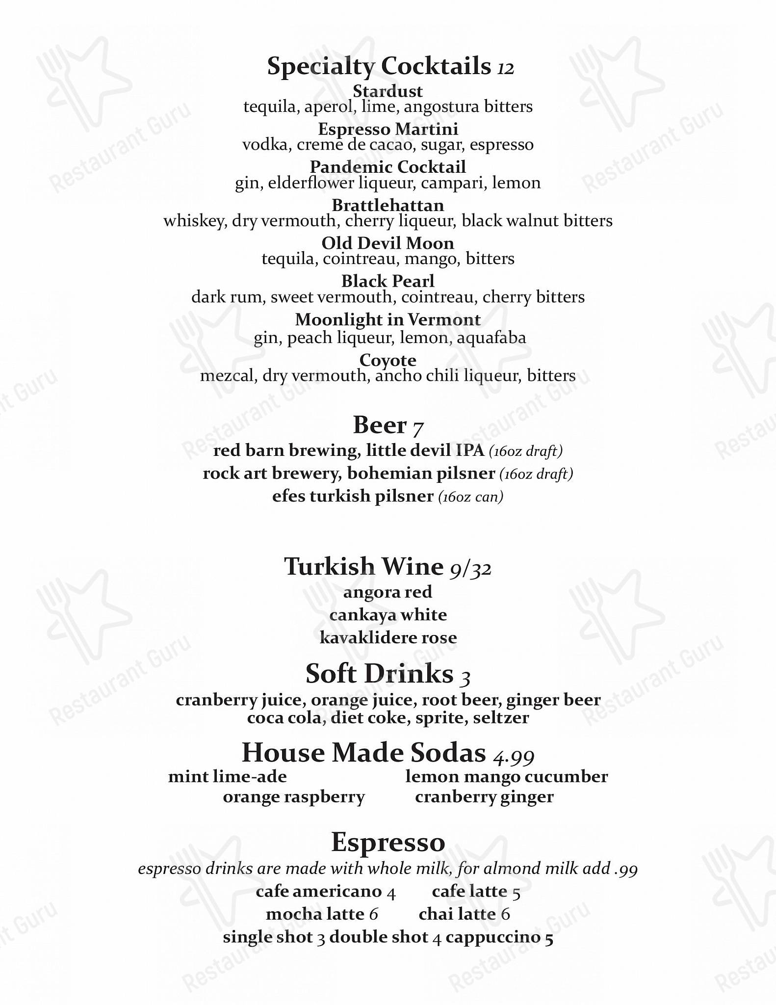 Menu at Tulip Bar and Restaurant, Brattleboro