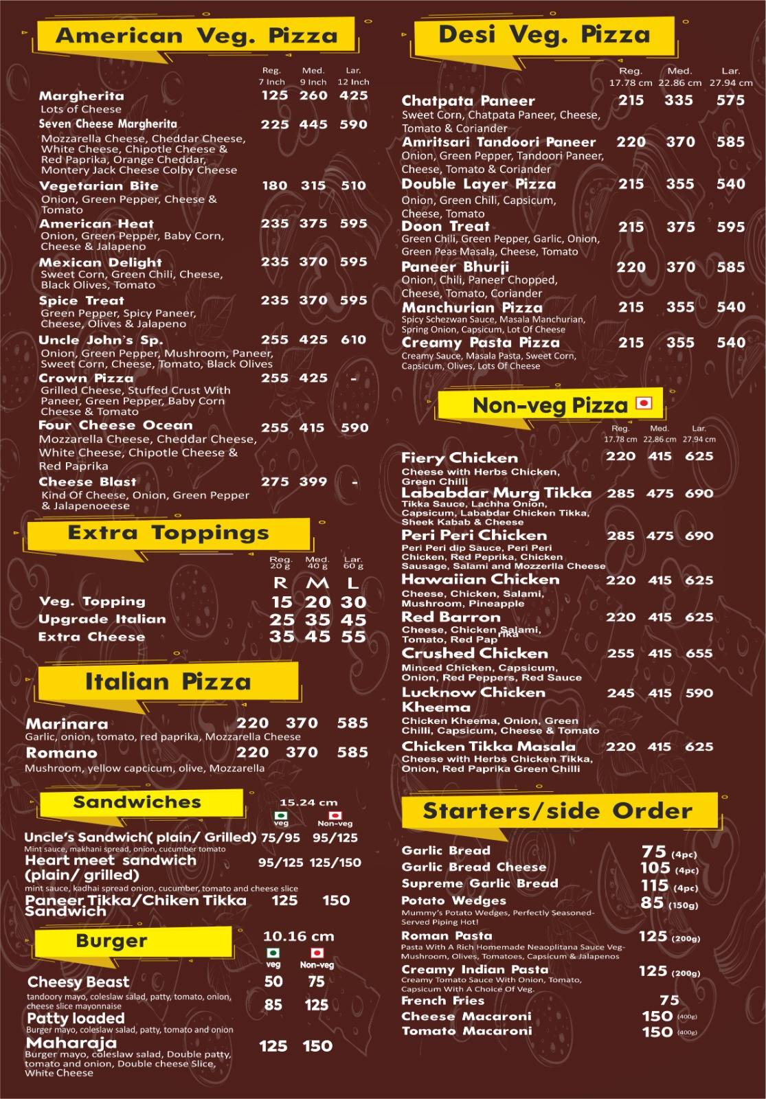 UNCLE JOHNS PIZZA menu
