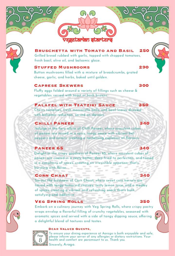 Arogo Restaurant menu