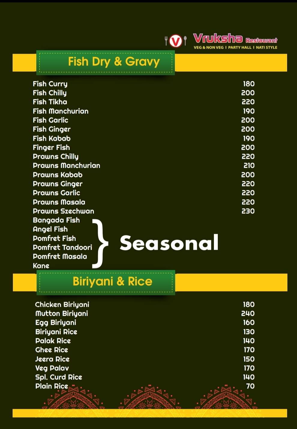 VRUKSHA RESTAURANT menu