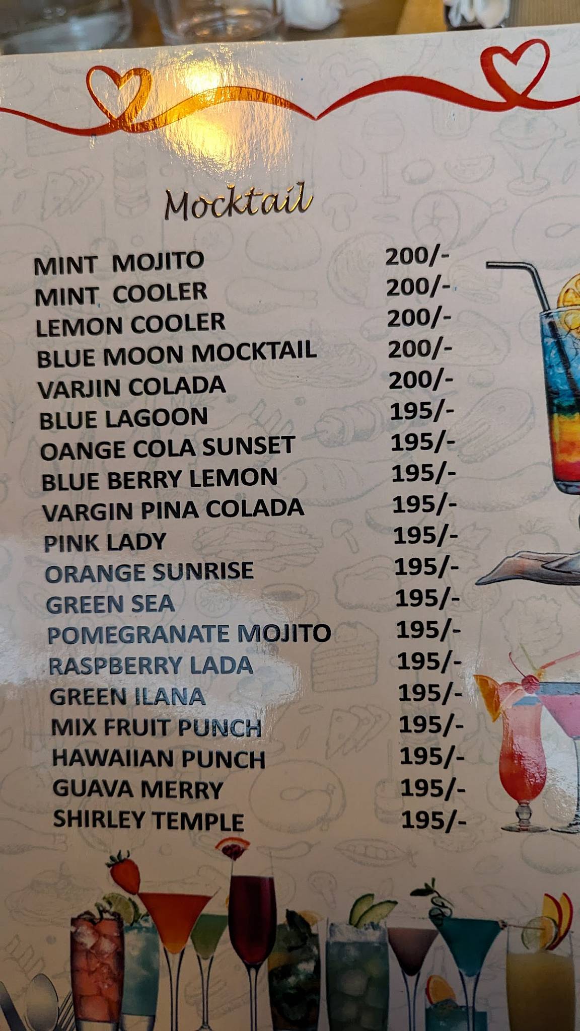 Valentine's Cafe menu