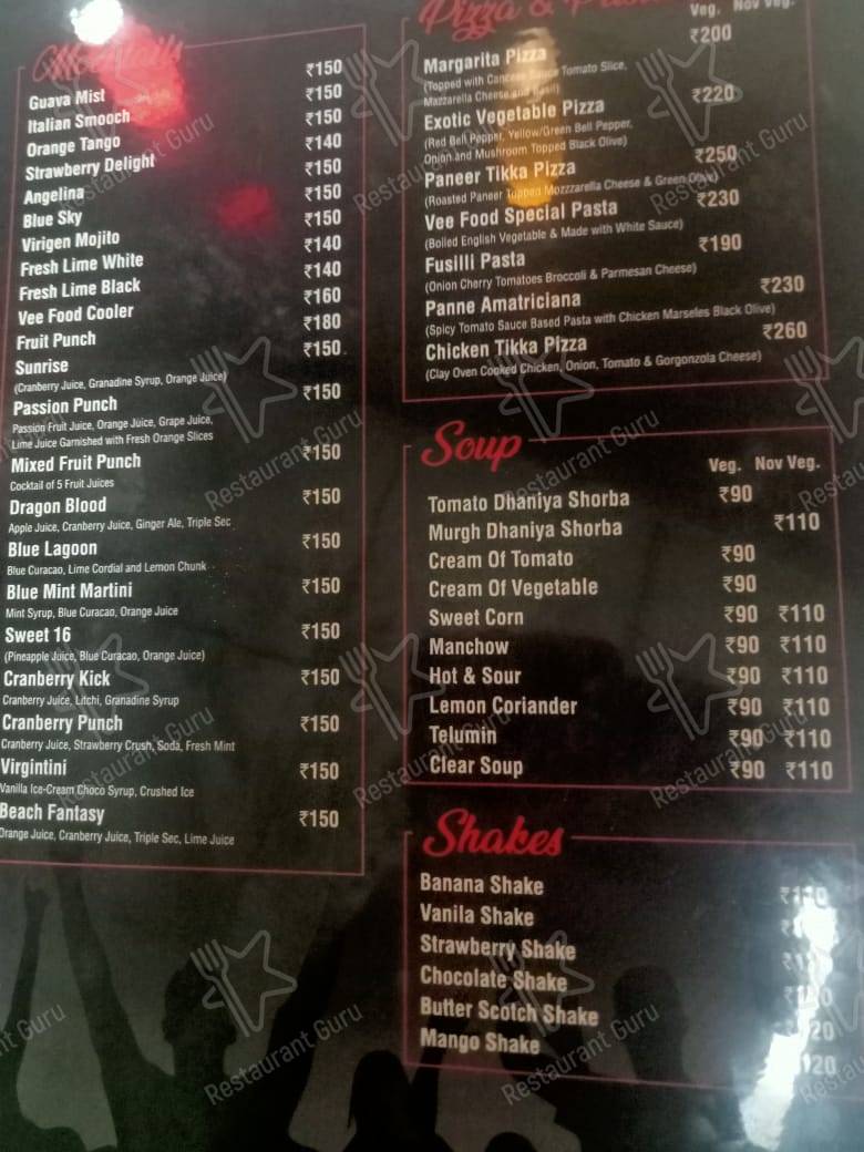 Vee Food menu - meals and drinks