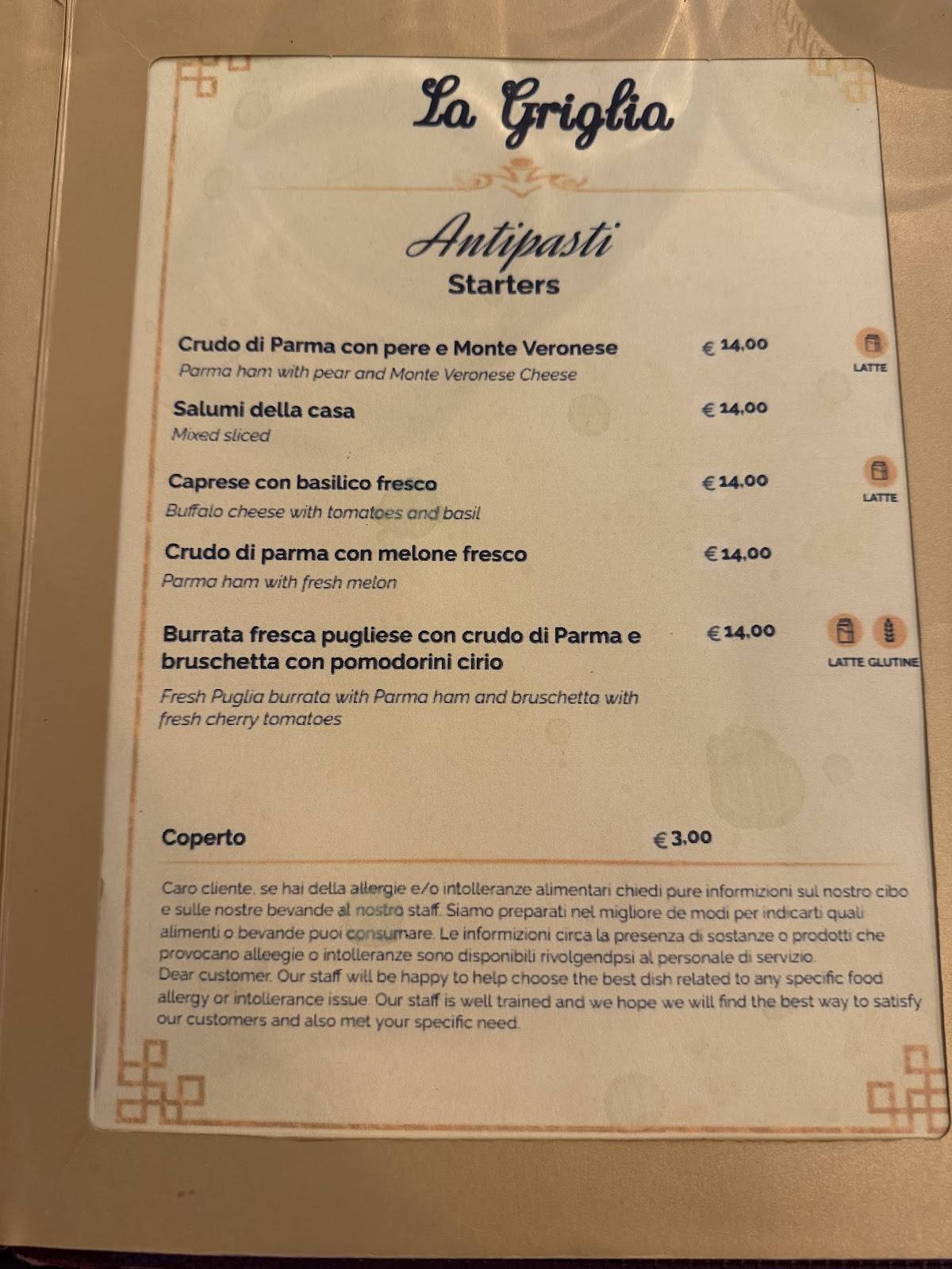 Menu di La Griglia 