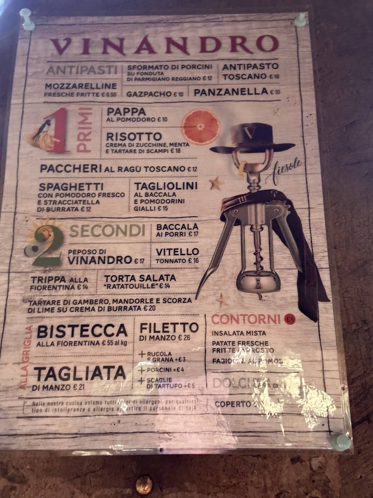 Menu di Vinandro Vino e Desco Molle 