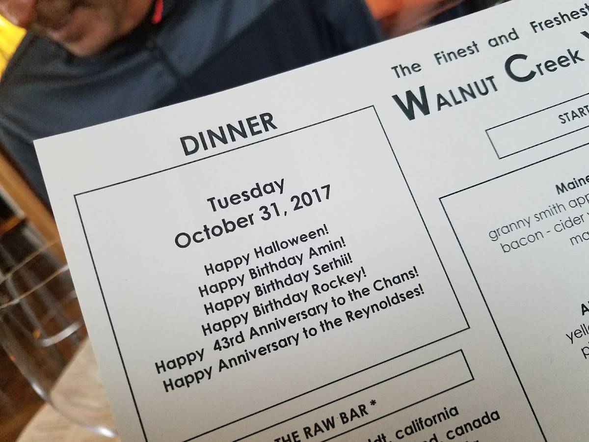 Walnut Creek Yacht Club menu