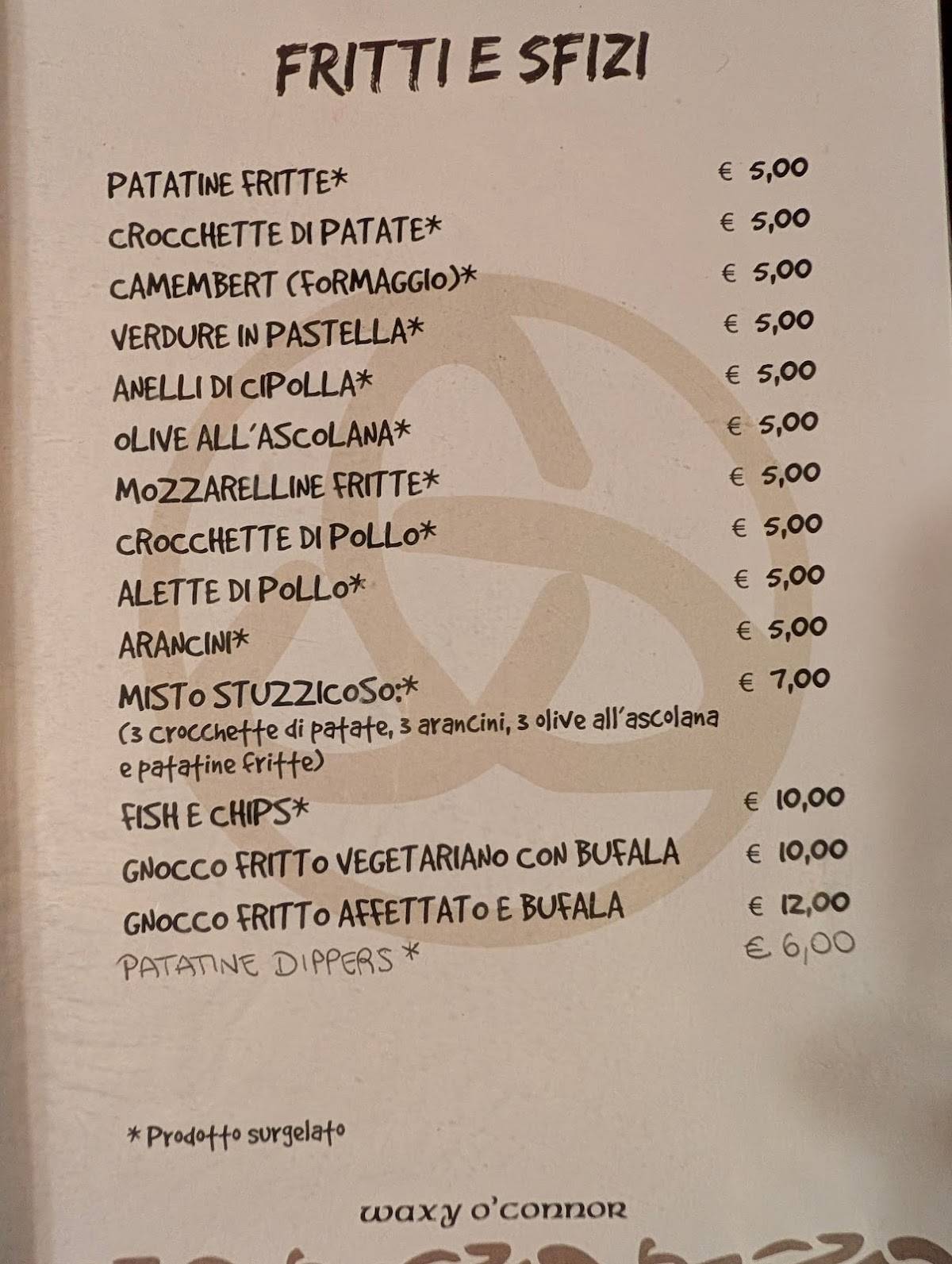 Menu di Waxy O'Connor 