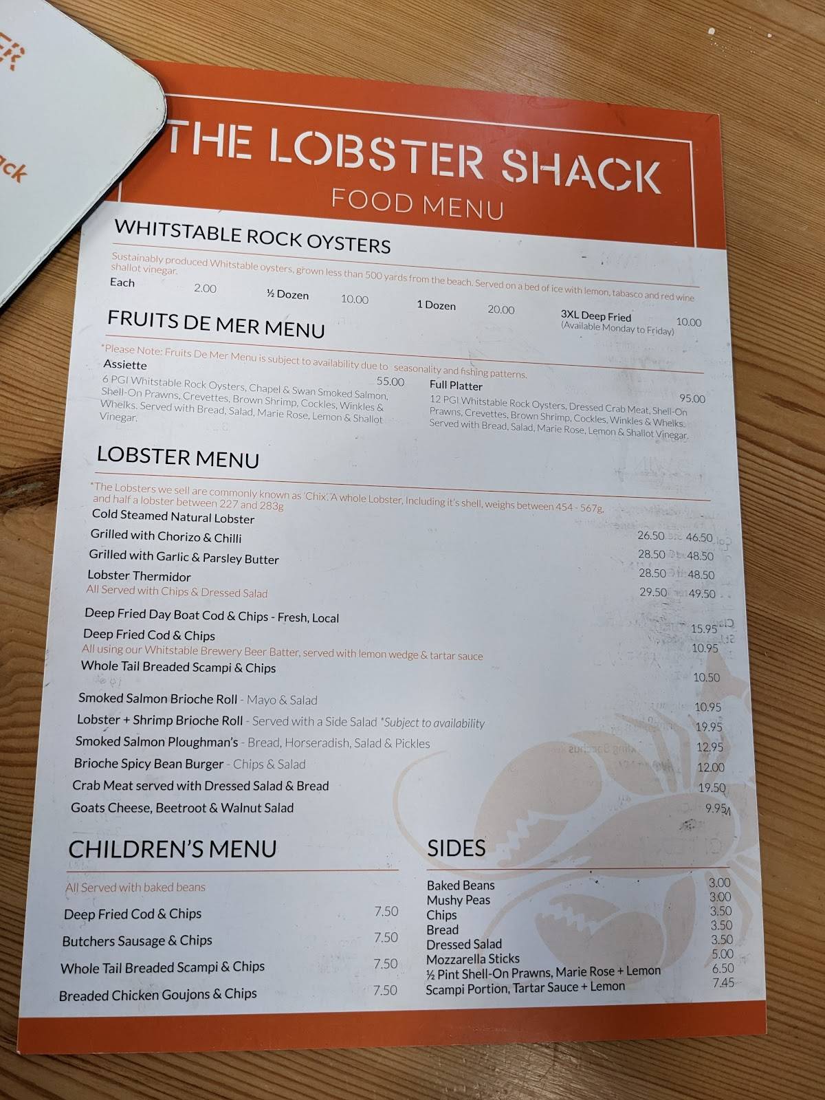 Menu at The Lobster Shack restaurant, Whitstable