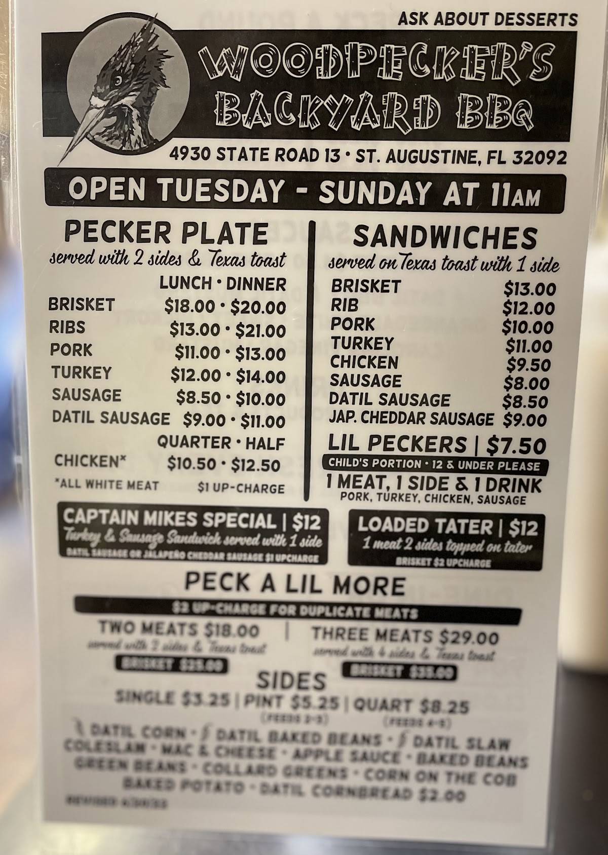Menu at Woodpeckers Backyard BBQ, Jacksonville