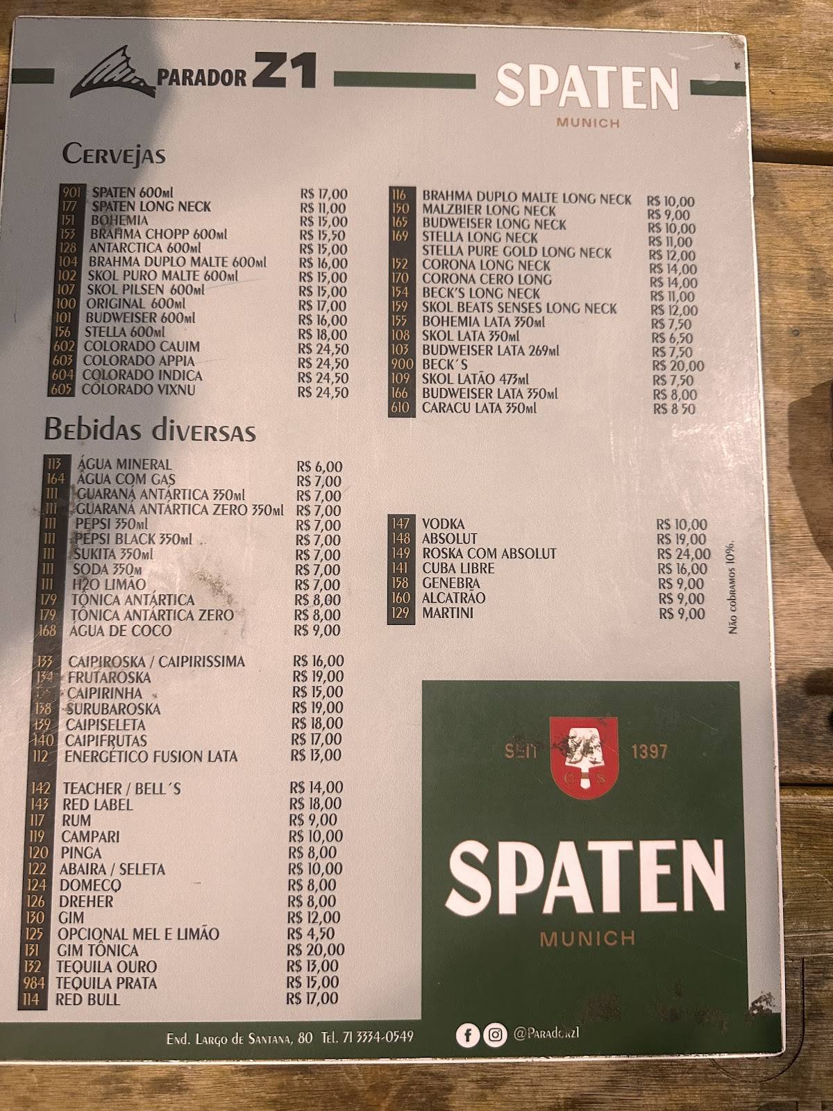 Z1 Bar cardápio