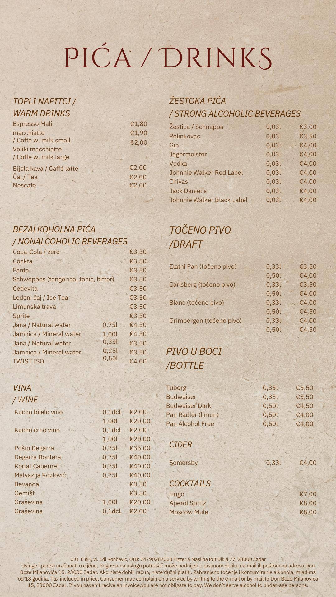 Menu di Pizzeria Maslina 