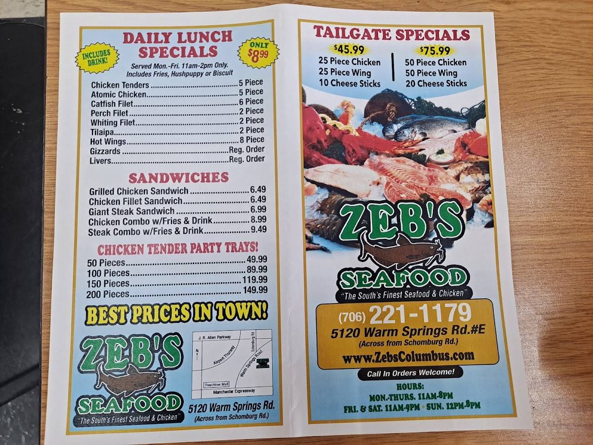 Menu at Zeb's Seafood & Chicken restaurant, Columbus, Warm Springs Rd ...