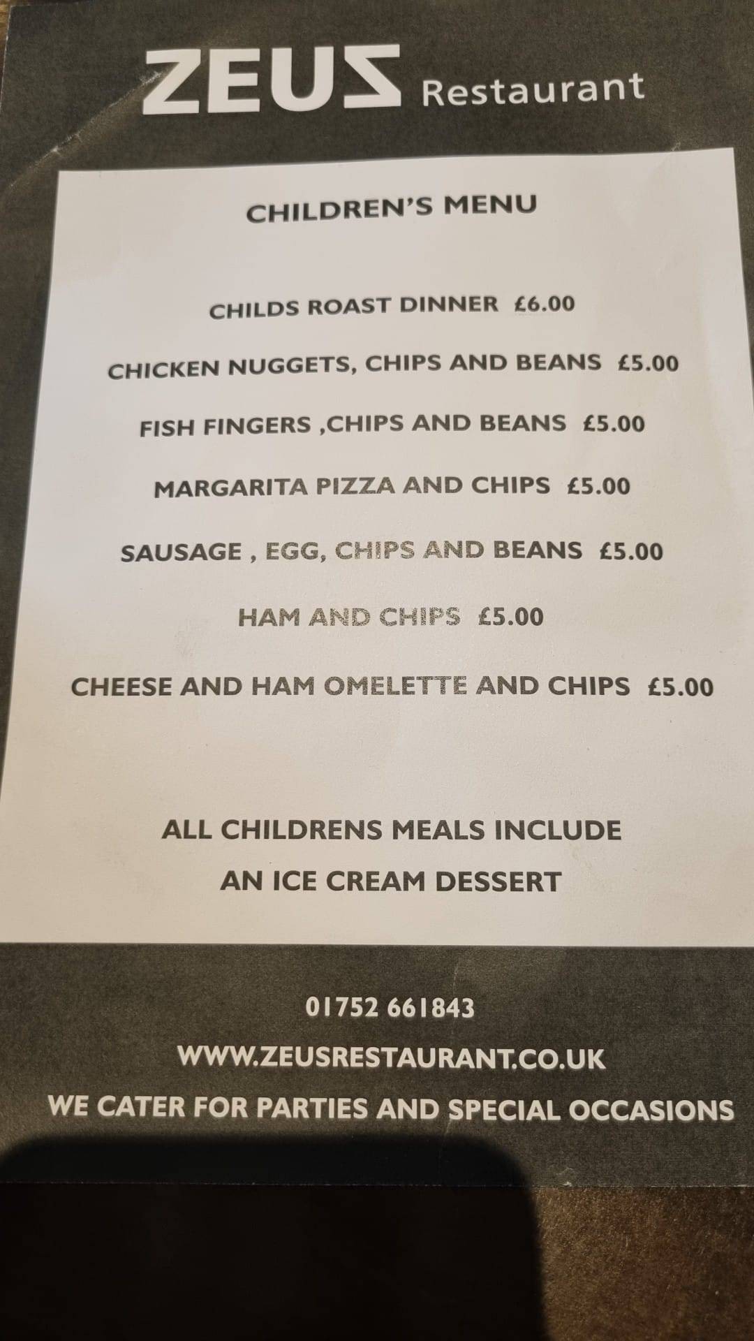 Menu at Zeus restaurant, Plymouth