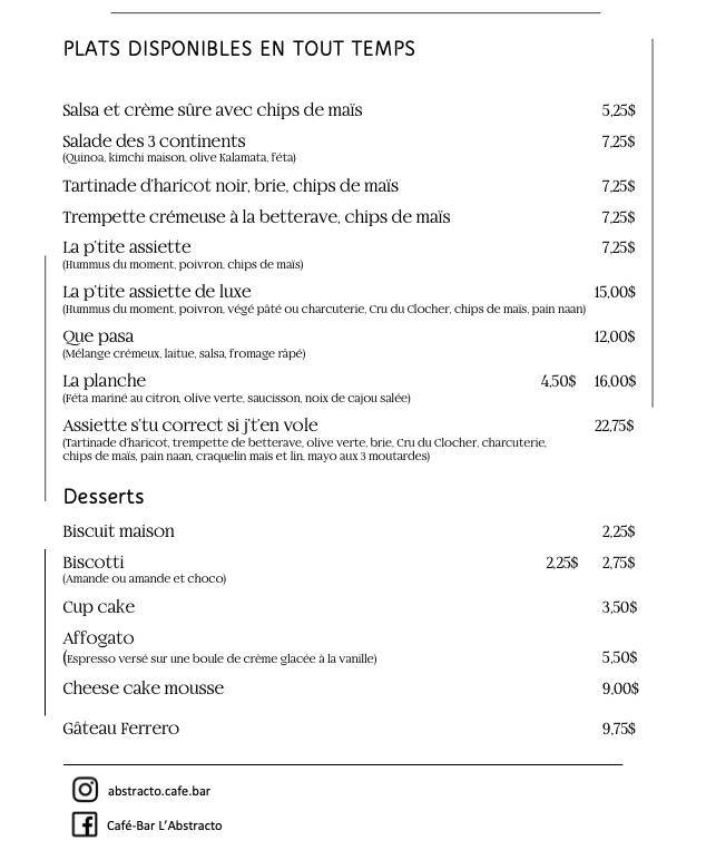 Menu de café-bar L'Abstracto