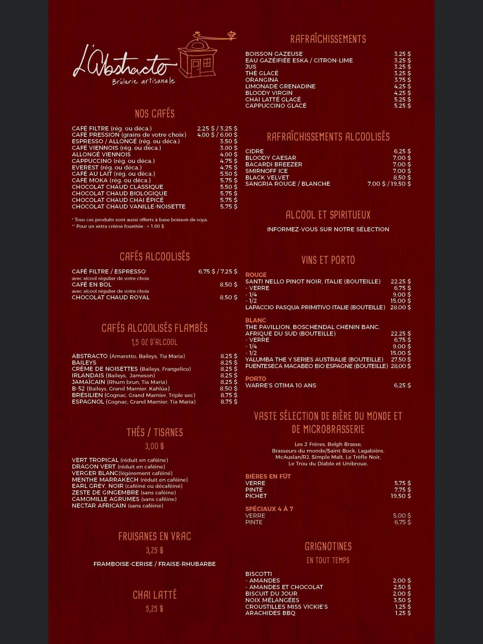Menu de café-bar L'Abstracto
