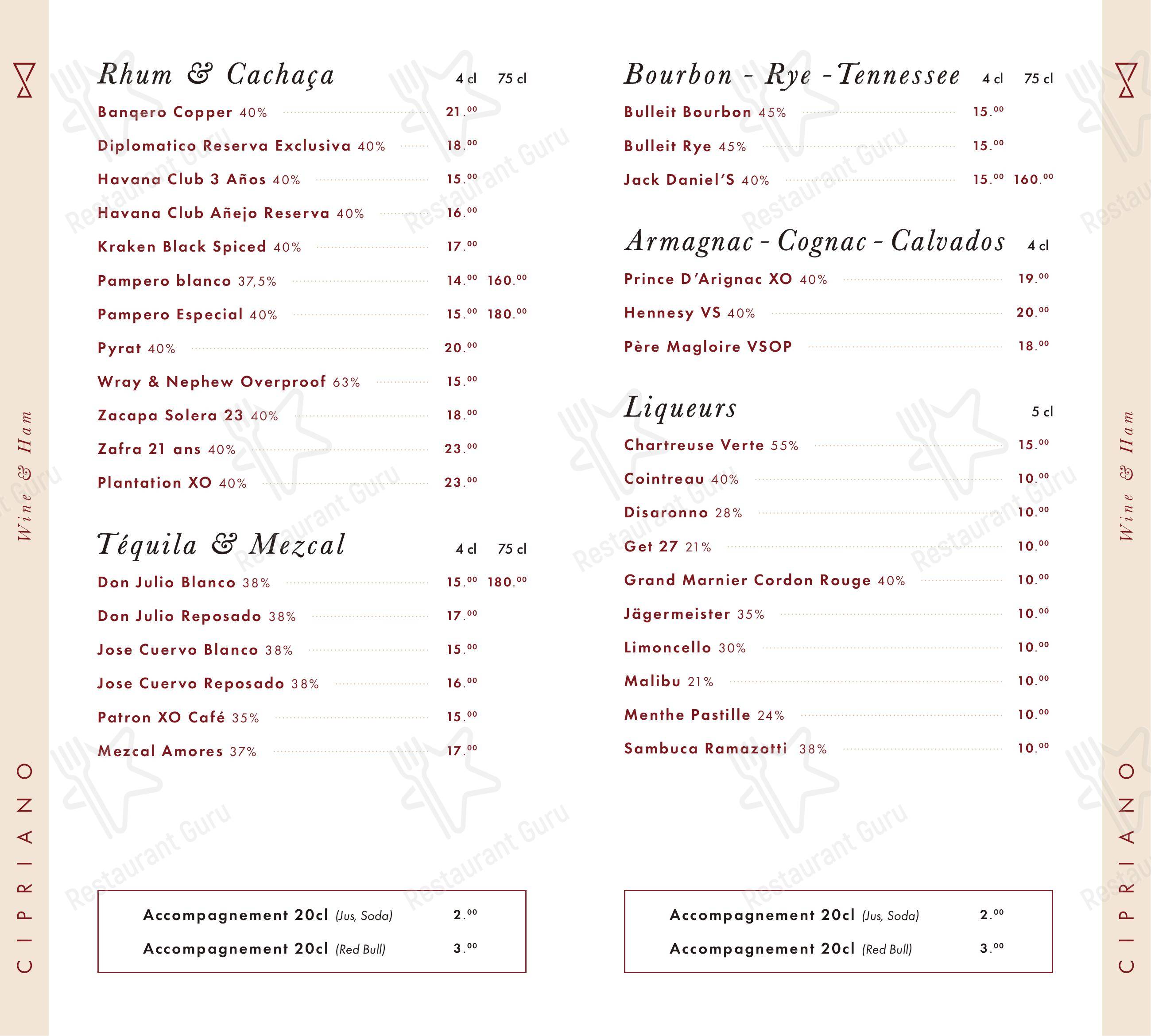 Menu di Cipriano Wine & Ham - Menu bar
