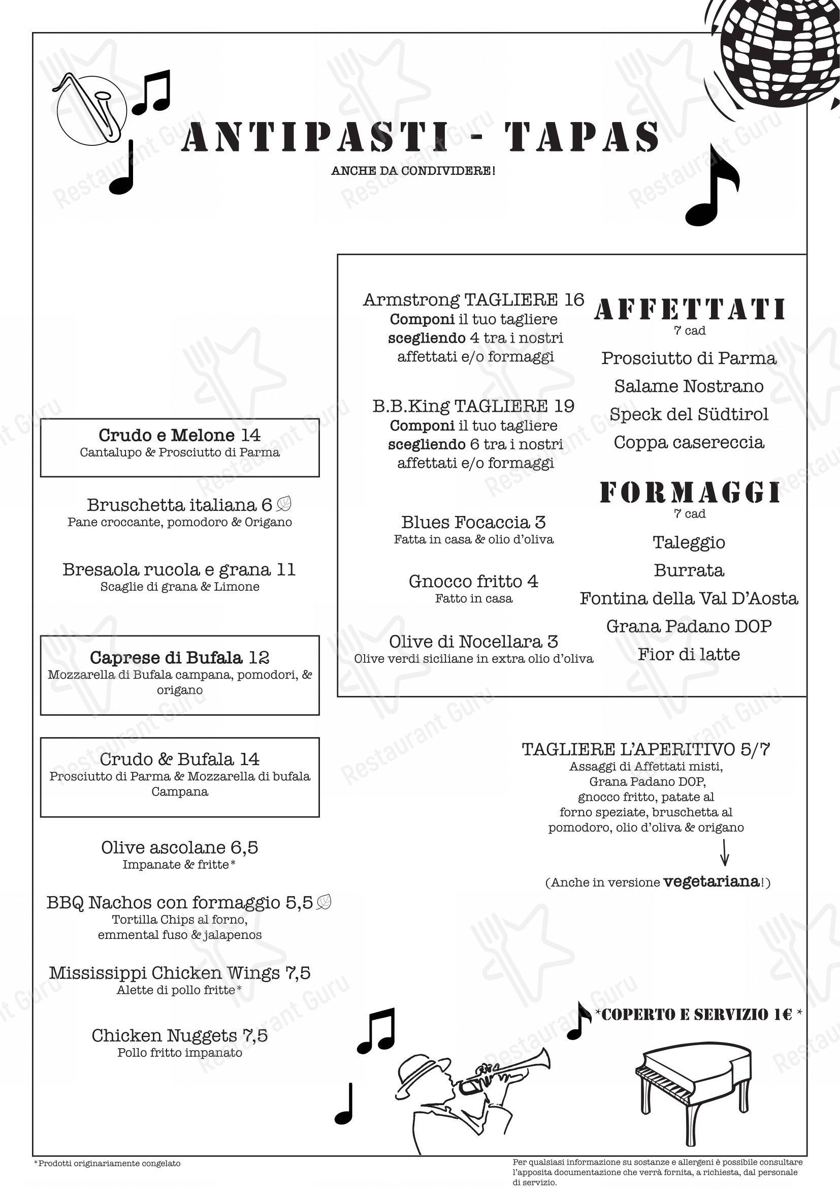 Menu per BLUES CANAL in Milano