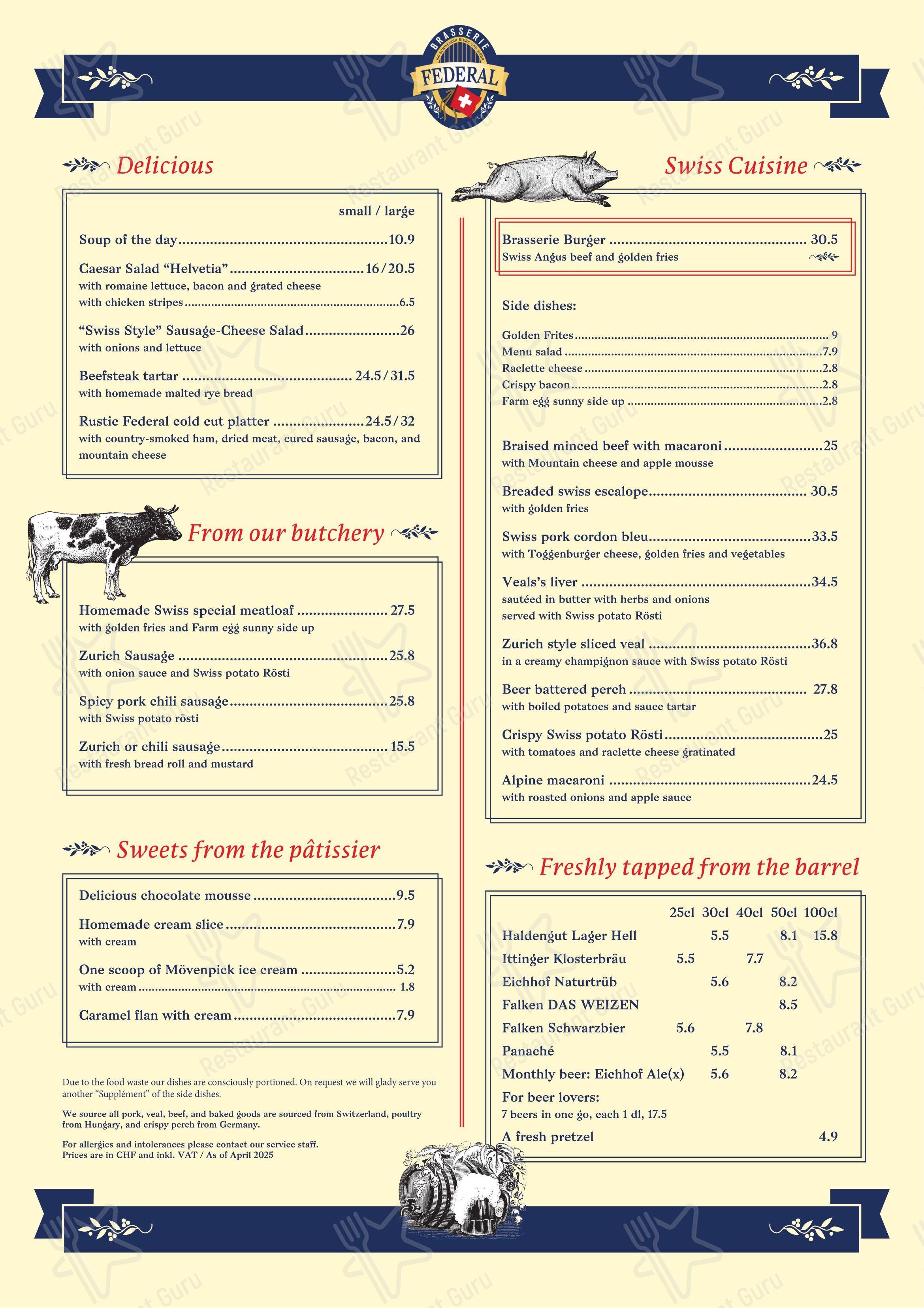 Menu bar per Brasserie Federal in Zurigo