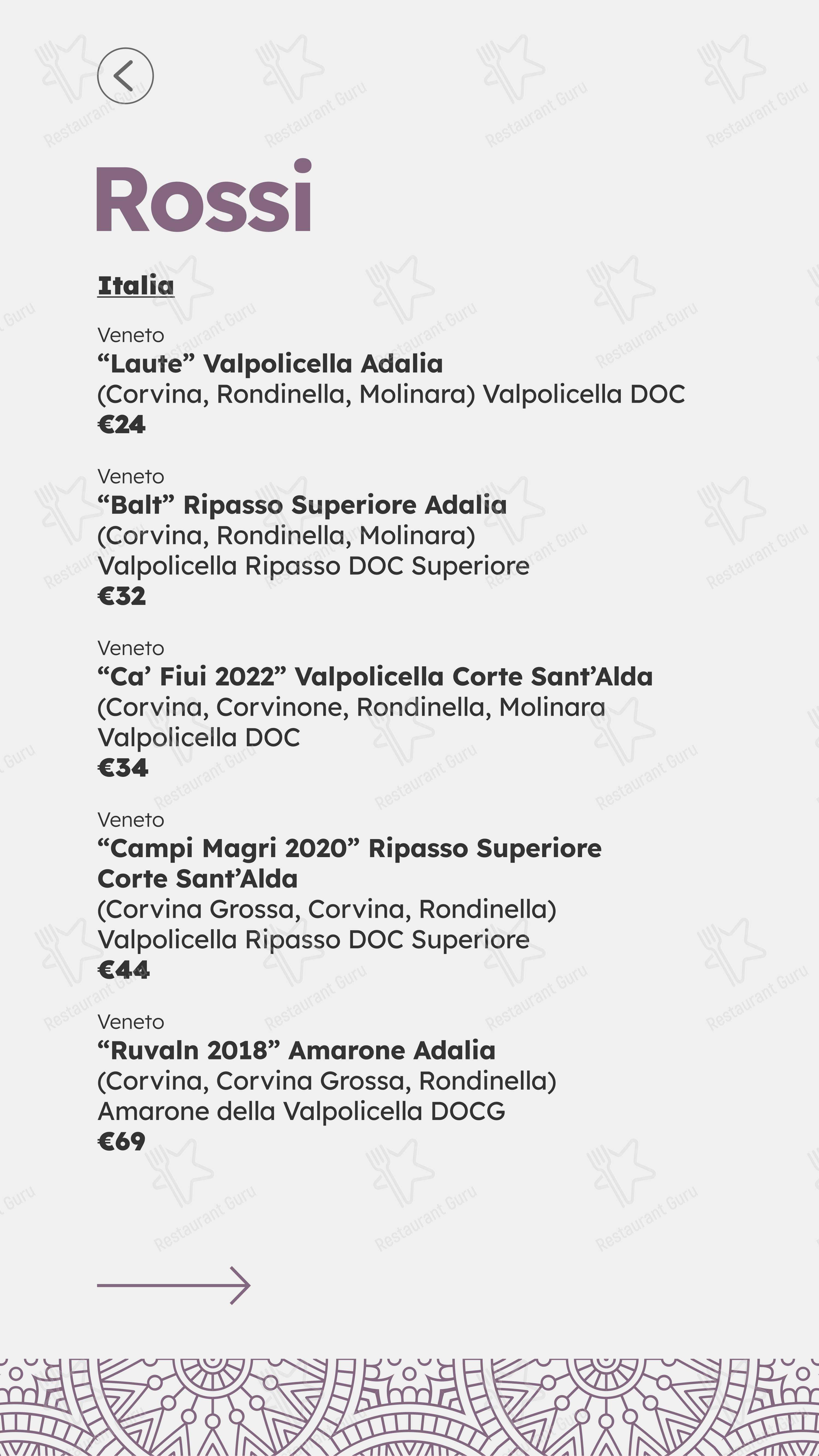 Menu pour Castelli in Aria restaurant