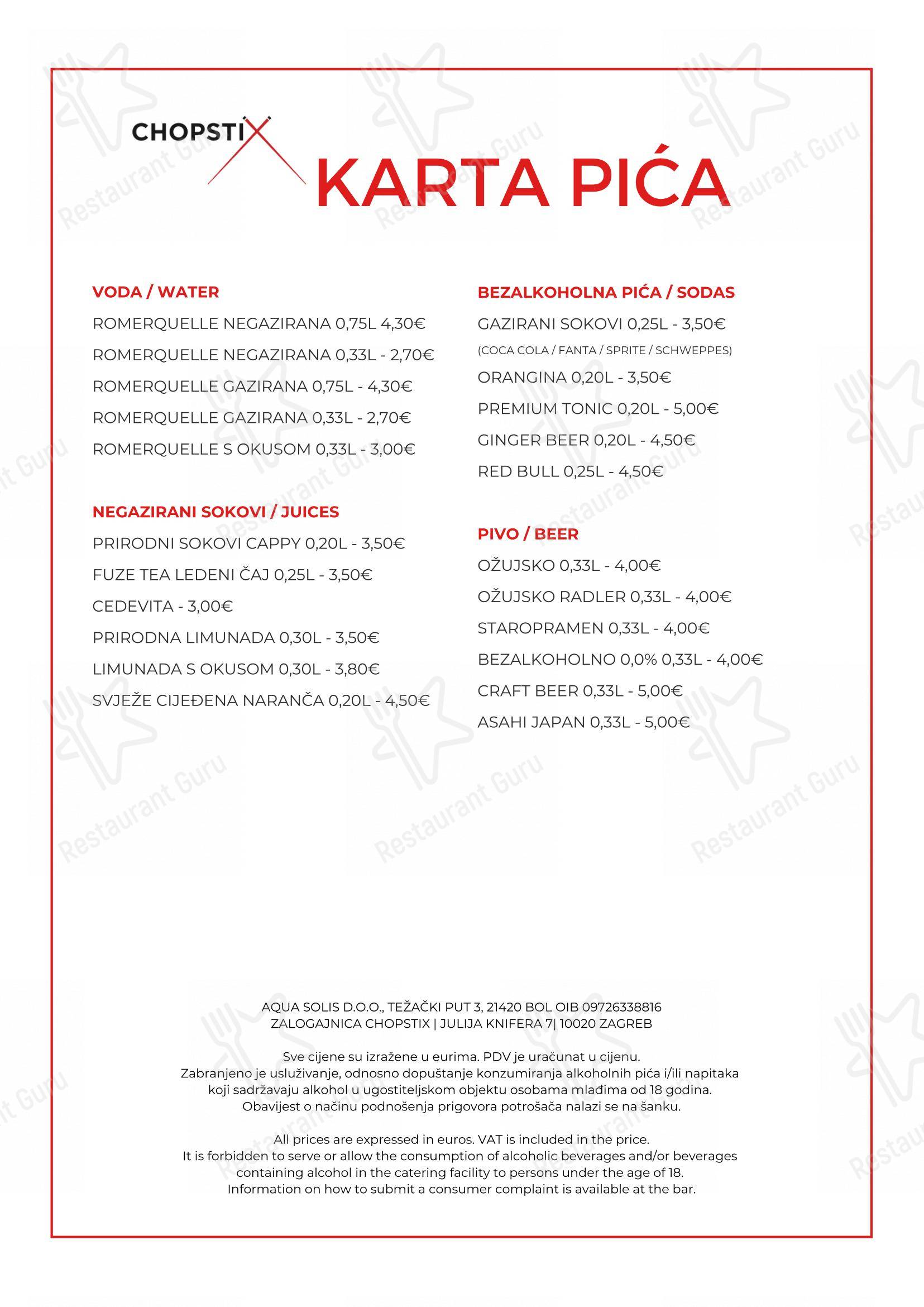 Chopstix Pan Asian Cuisine & Sushi bar in Zagabria - Menu