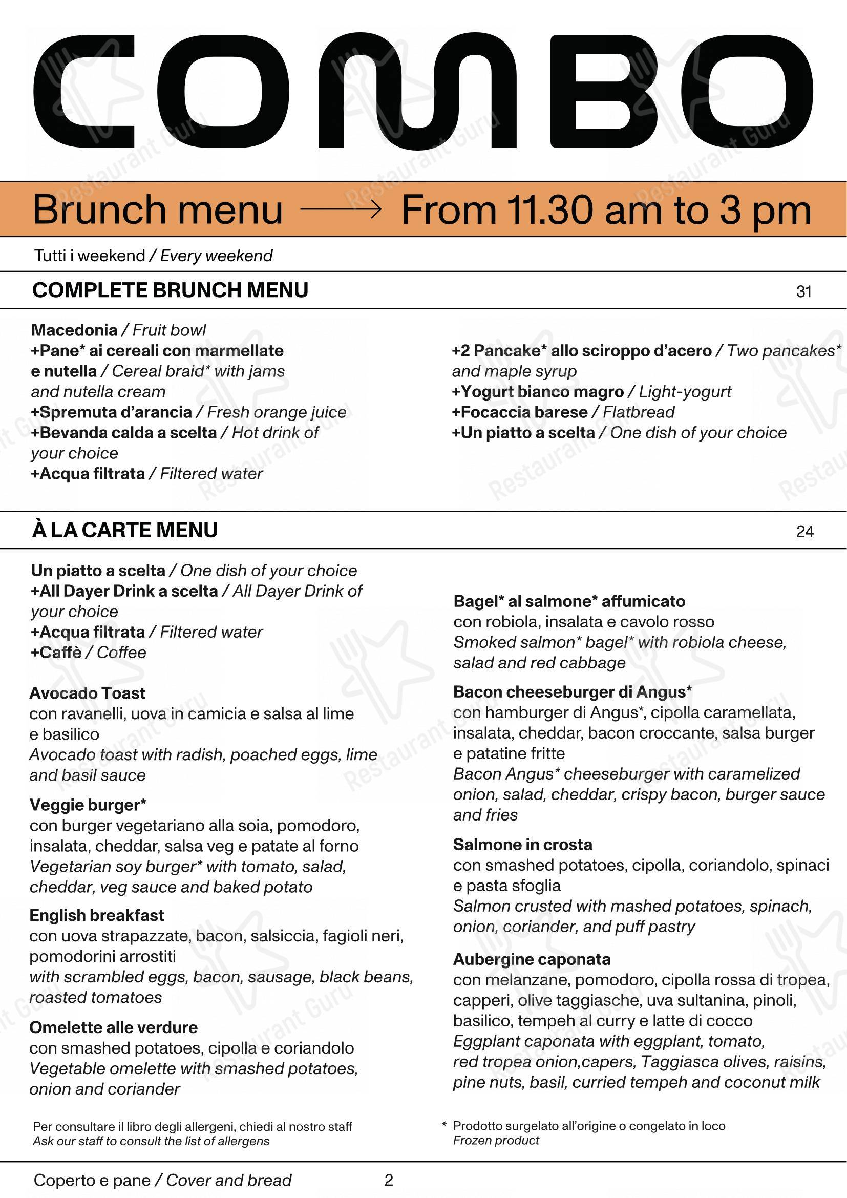 Menu di Combo, Milano - Menu