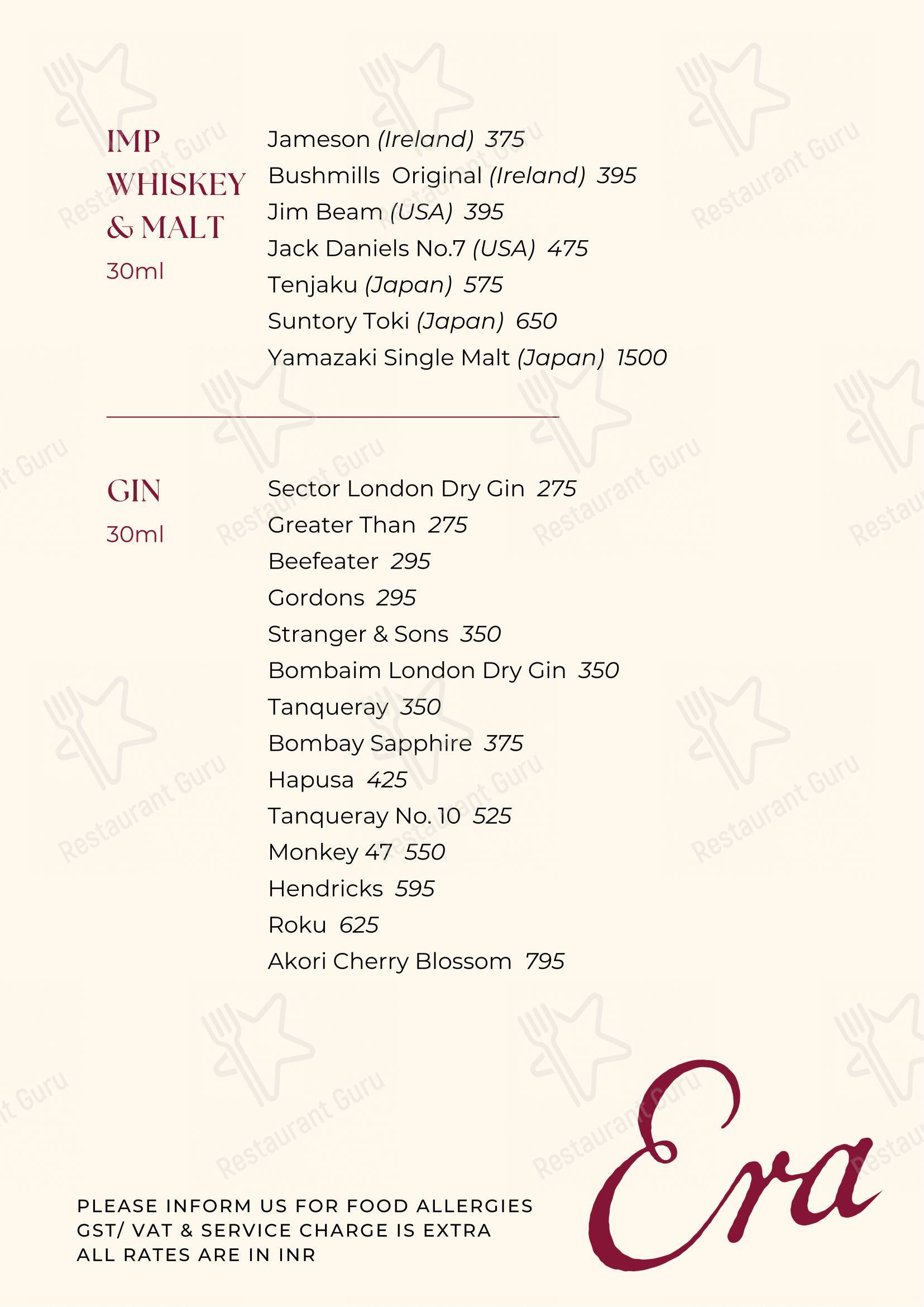 Menu for the Era pub & bar