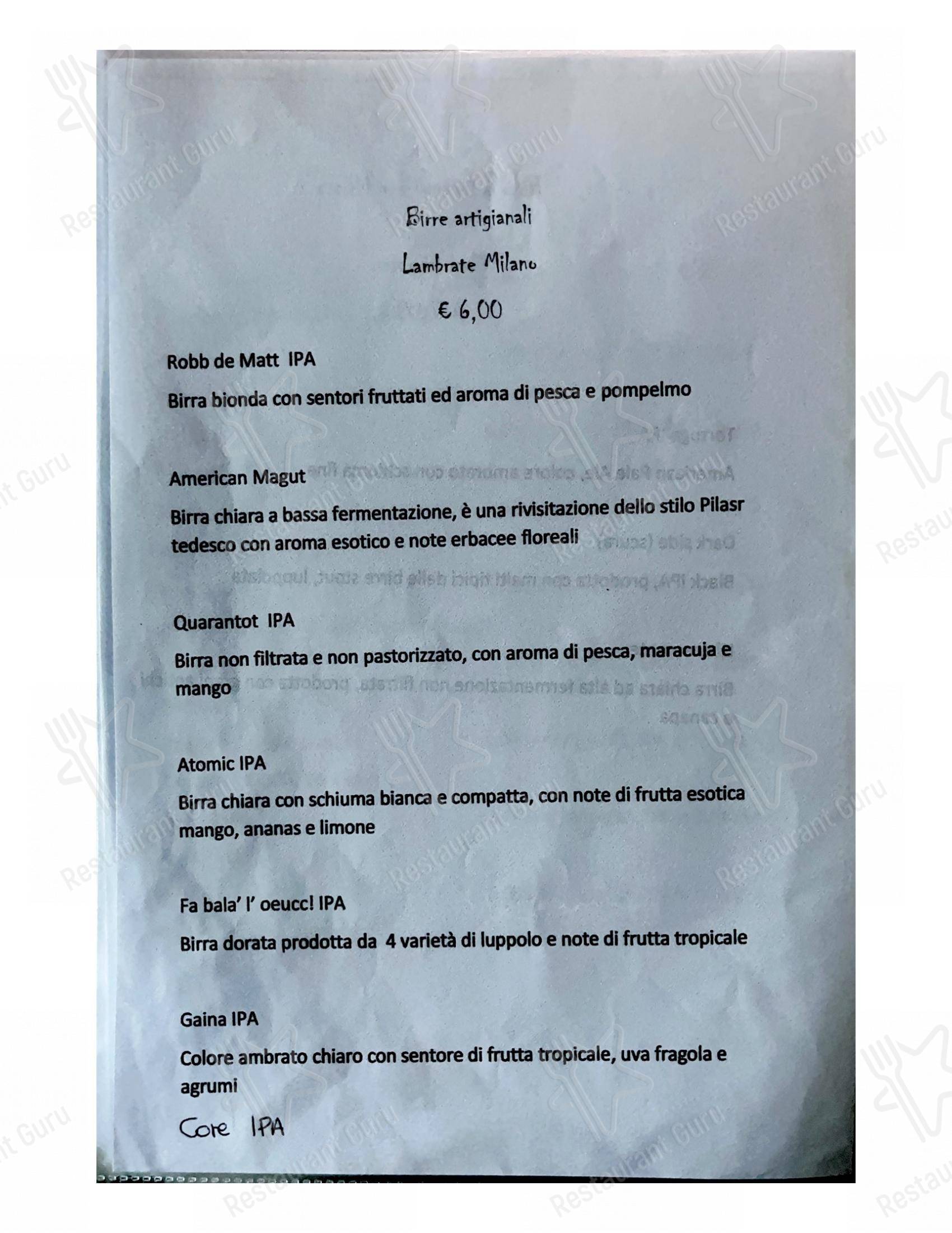 Menu di Inferno Pub - Menu