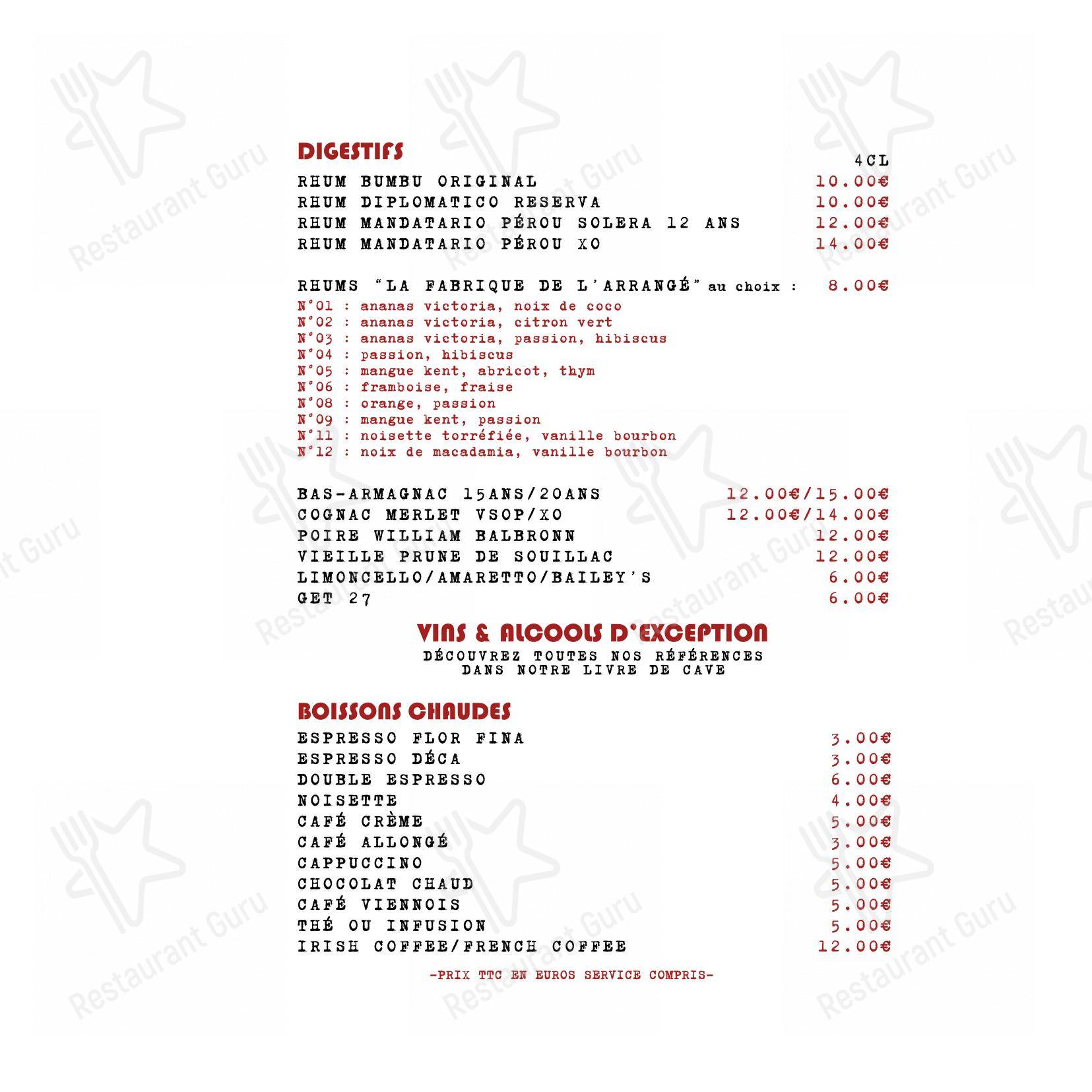 Menu bar pour La Cabane de La Terrasse de l'Étang restaurant