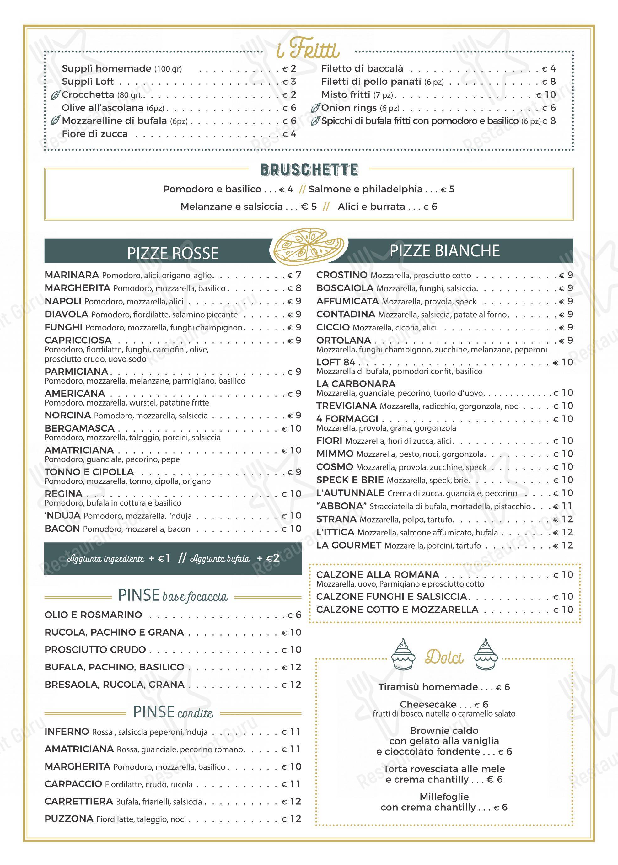 Loft84 Casal Palocco in Roma - Menu