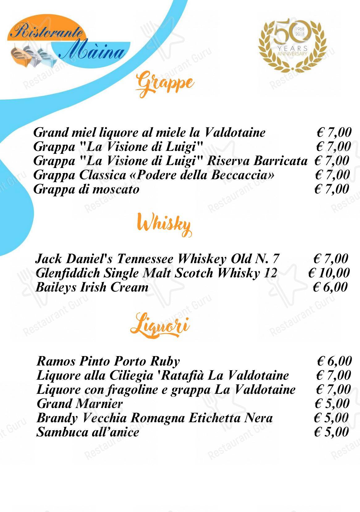 Menu di Bagni Olimpia - Ristorante Maina - Основное меню