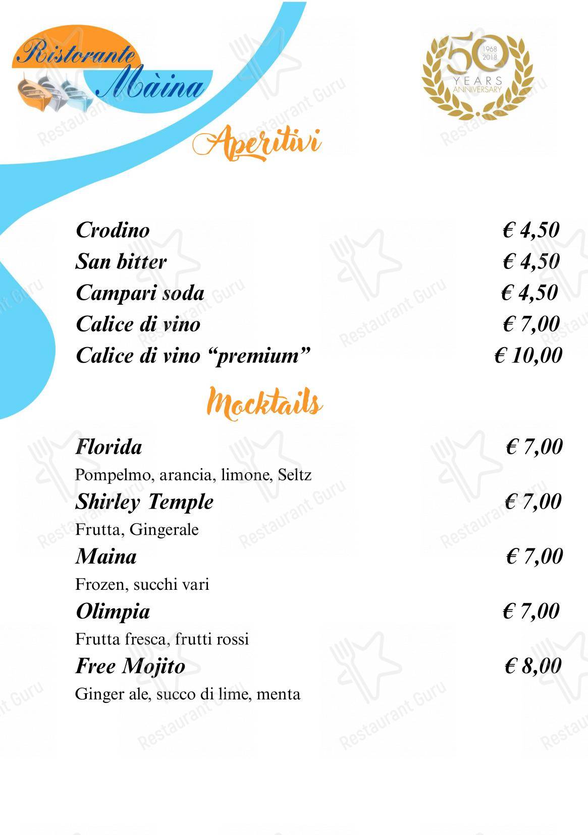 Bagni Olimpia - Ristorante Maina in Savona - Основное меню