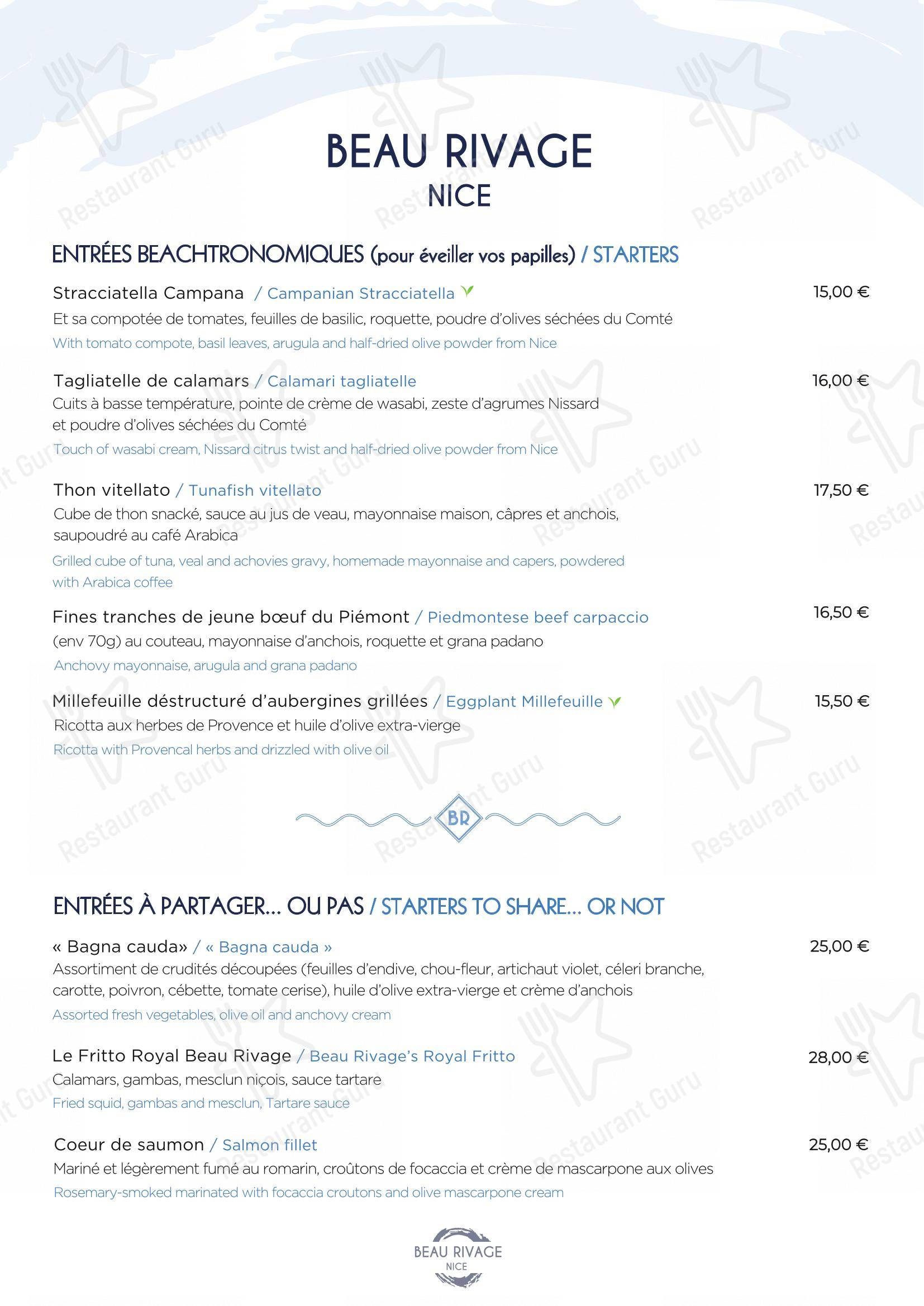 Menu pour Plage Beau Rivage Nice dans Nice