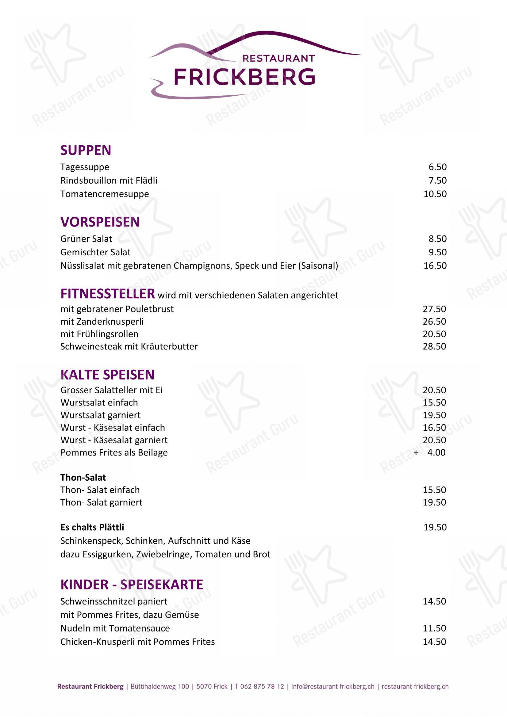 Dinner Menu per Restaurant Frickberg ristorante