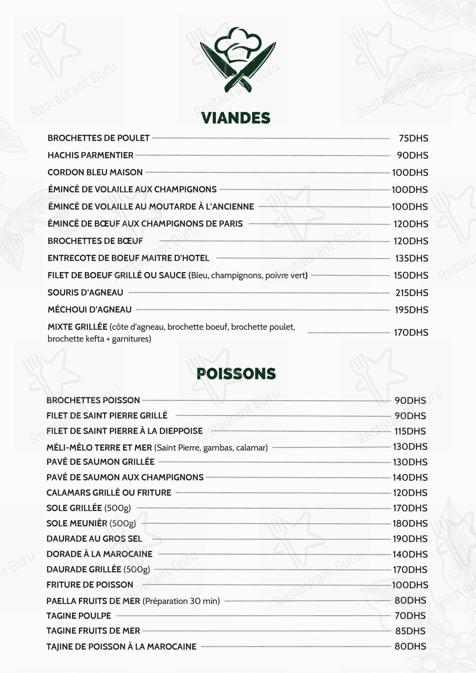 Menu pour Terre et Mer restaurant
