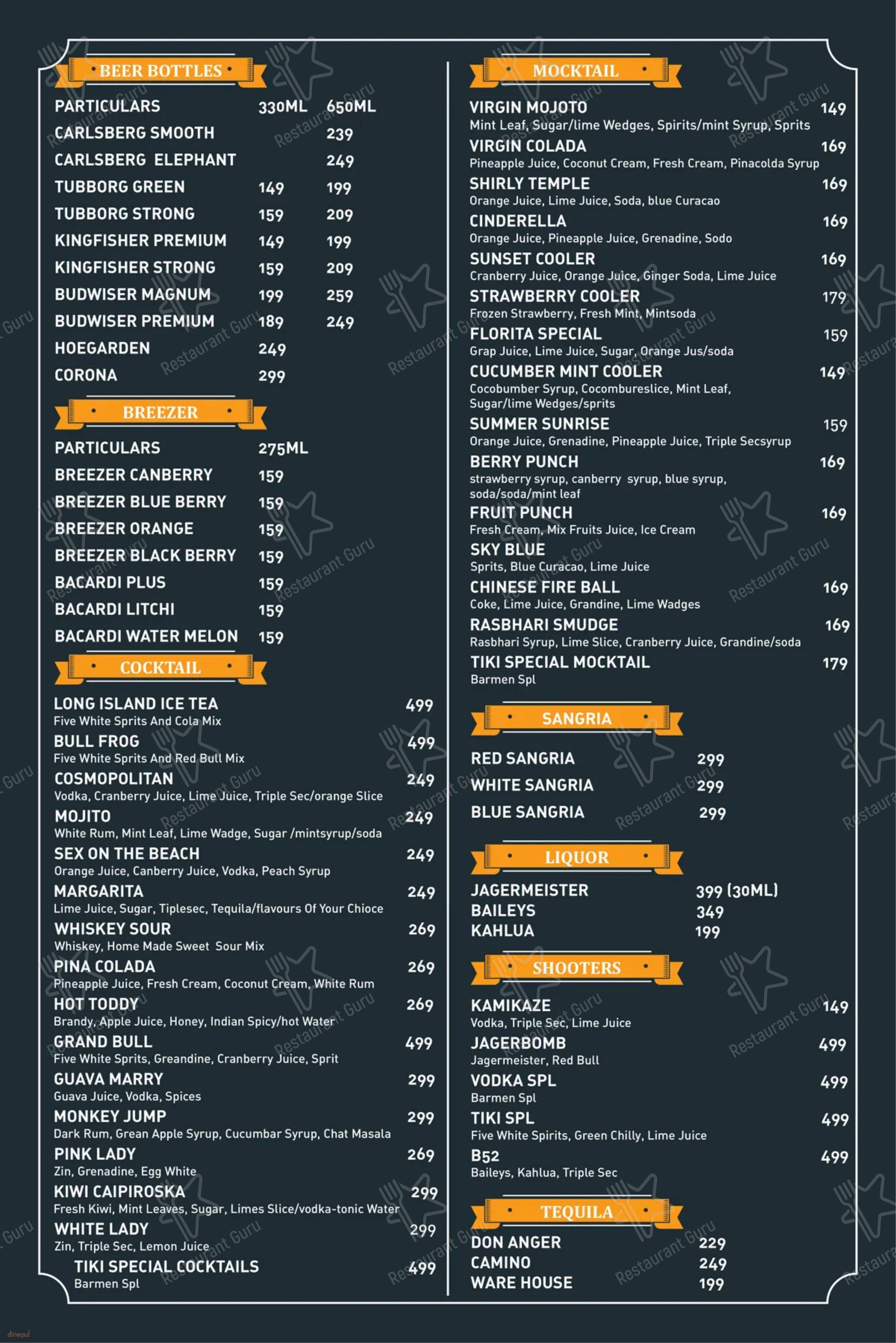 Menu for the Tiki Village Cafe And Resto Bar pub & bar