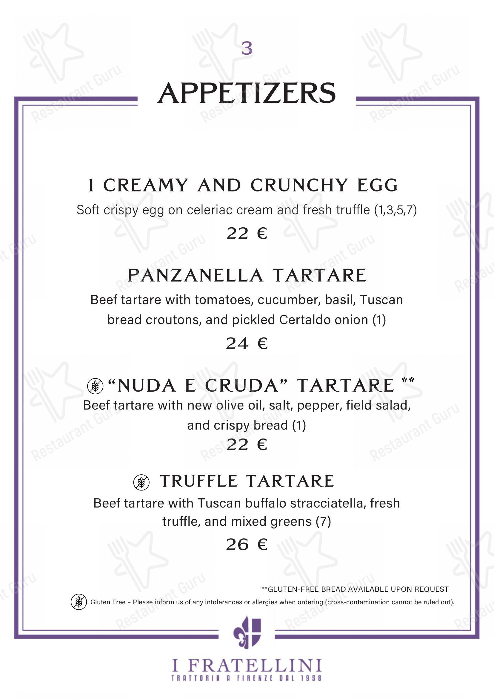 Основное меню per Trattoria i Fratellini pub & bar