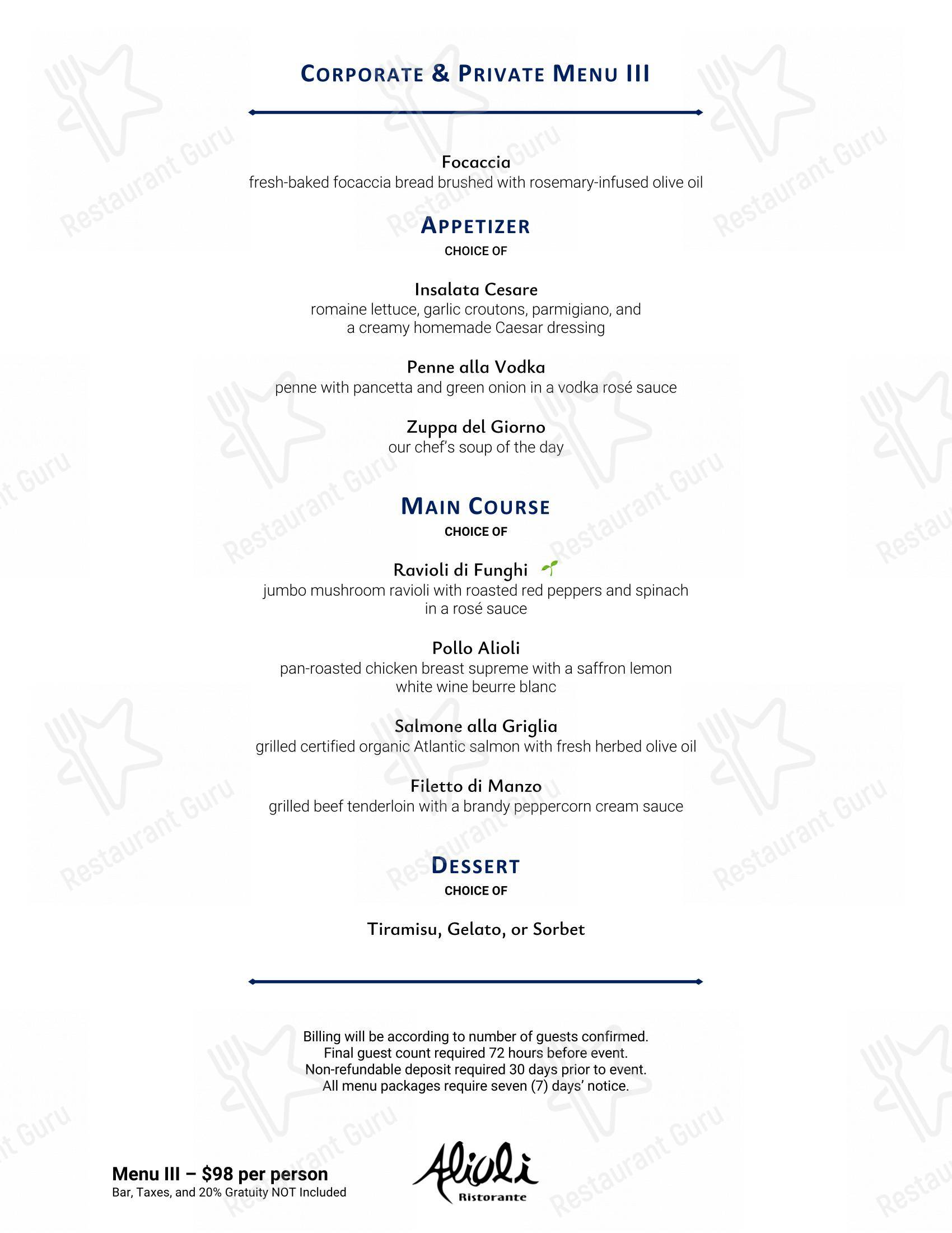 Menu pour Alioli Ristorante - Menu bar