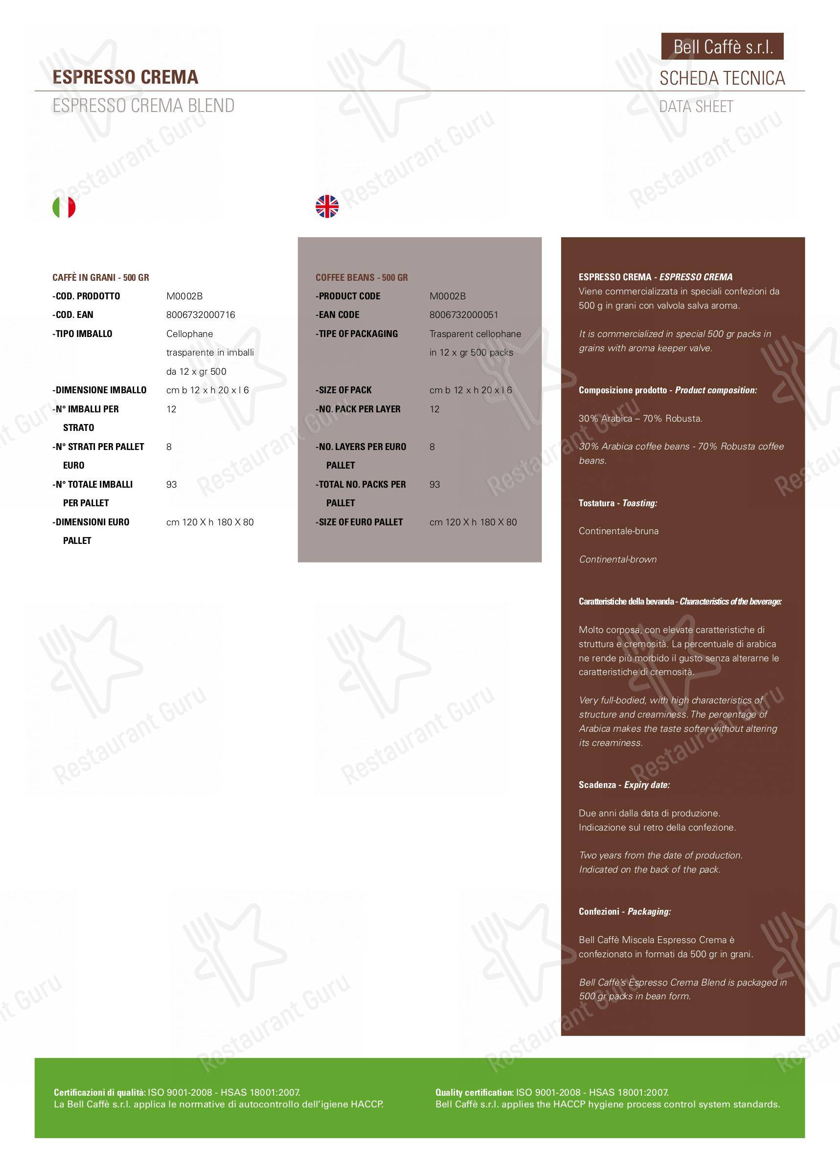 Menu di Bell Caffè Italia - Wine Menu