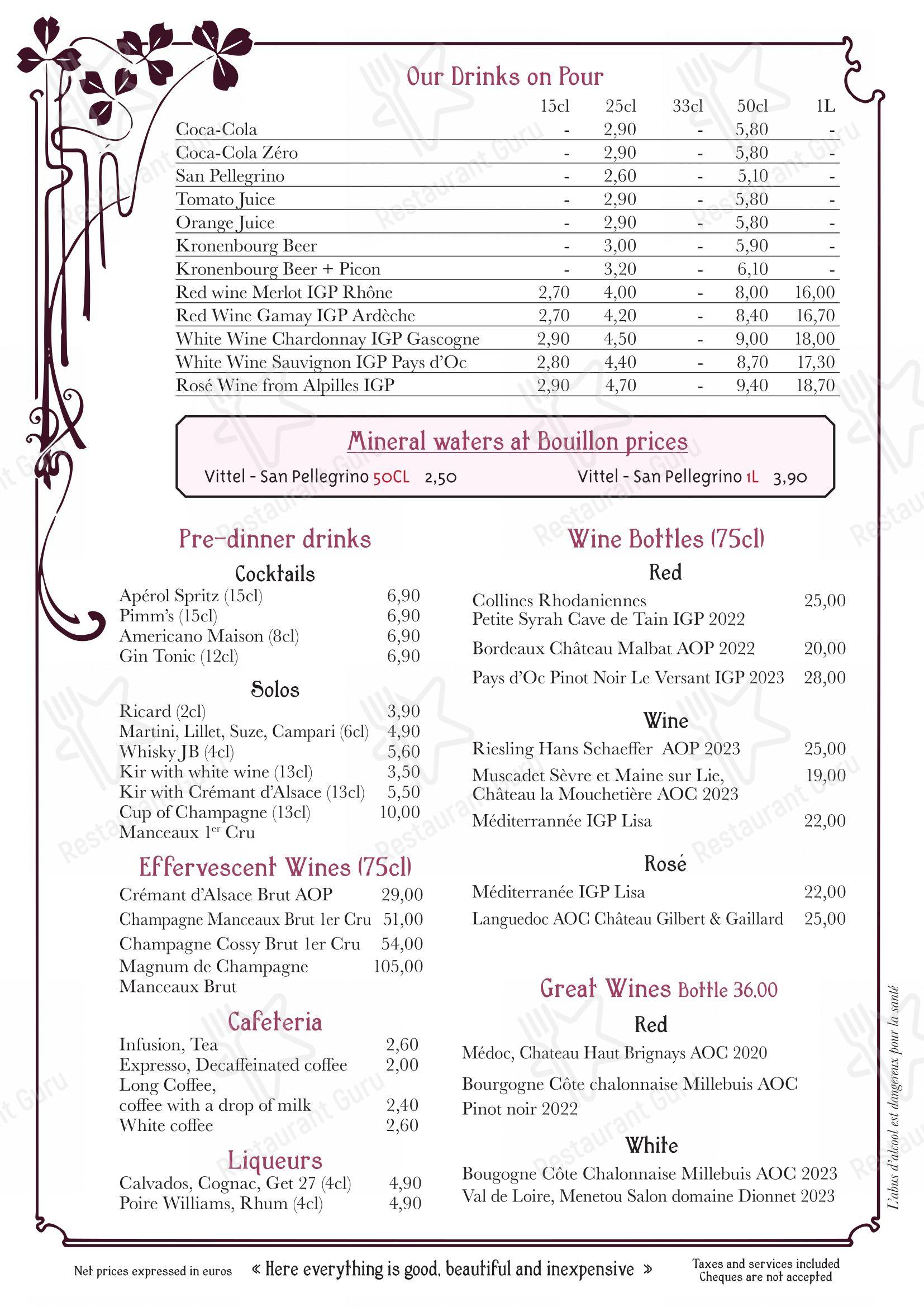 Menu pour Bouillon Julien dans Paris