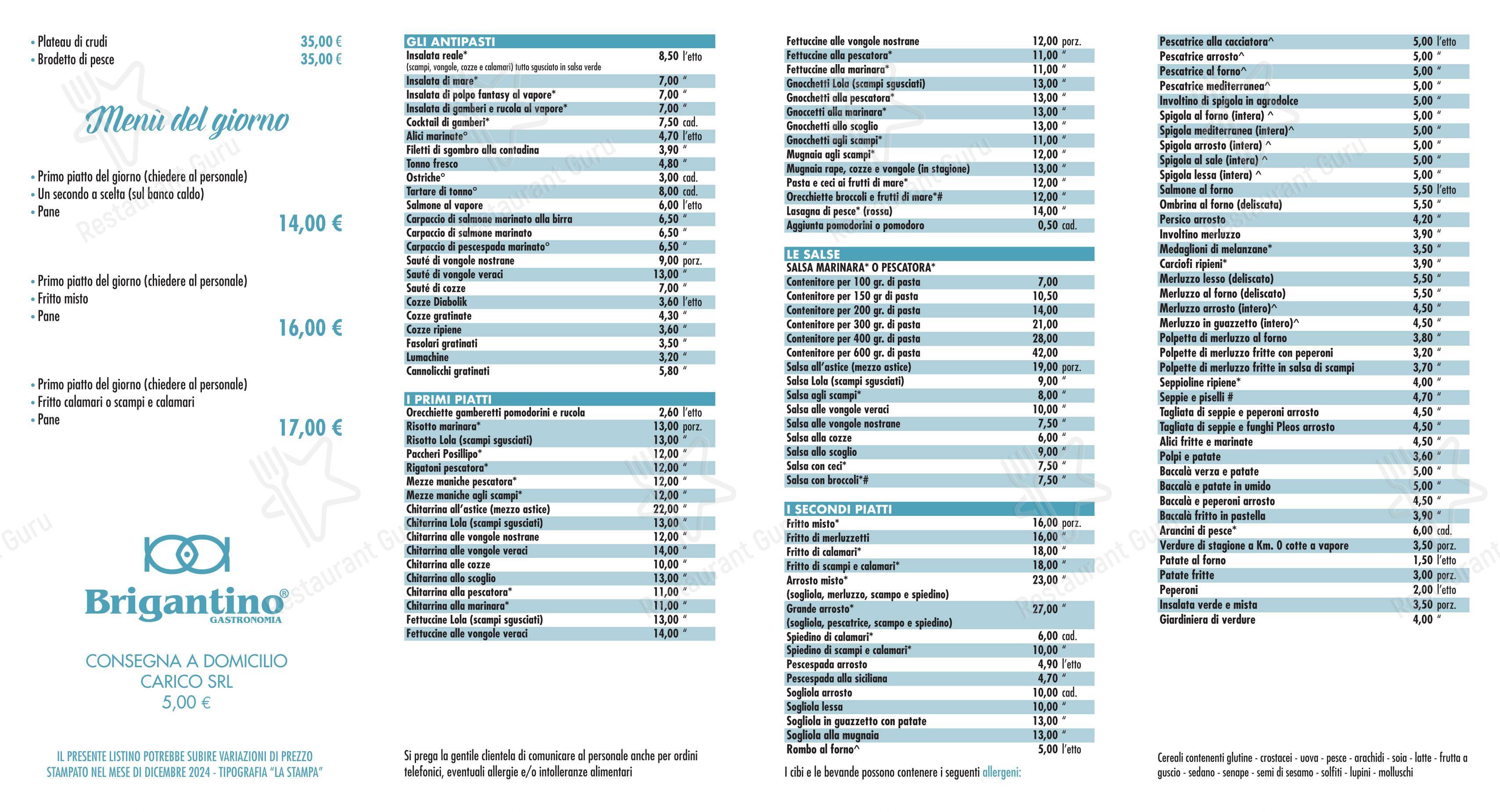 Menu bar per Brigantino Gastronomia ristorante