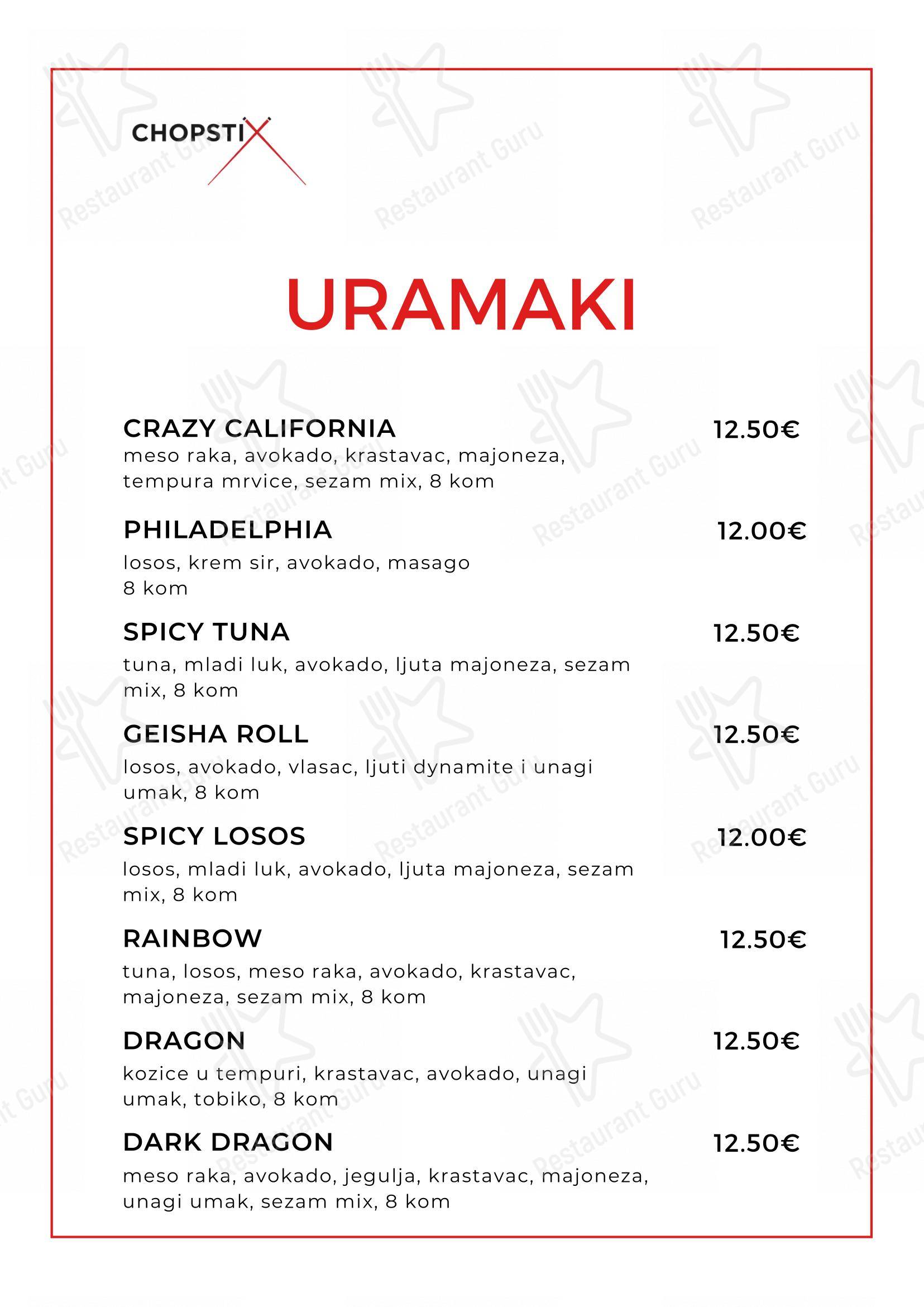 Menu per Chopstix Pan Asian Cuisine & Sushi bar ristorante