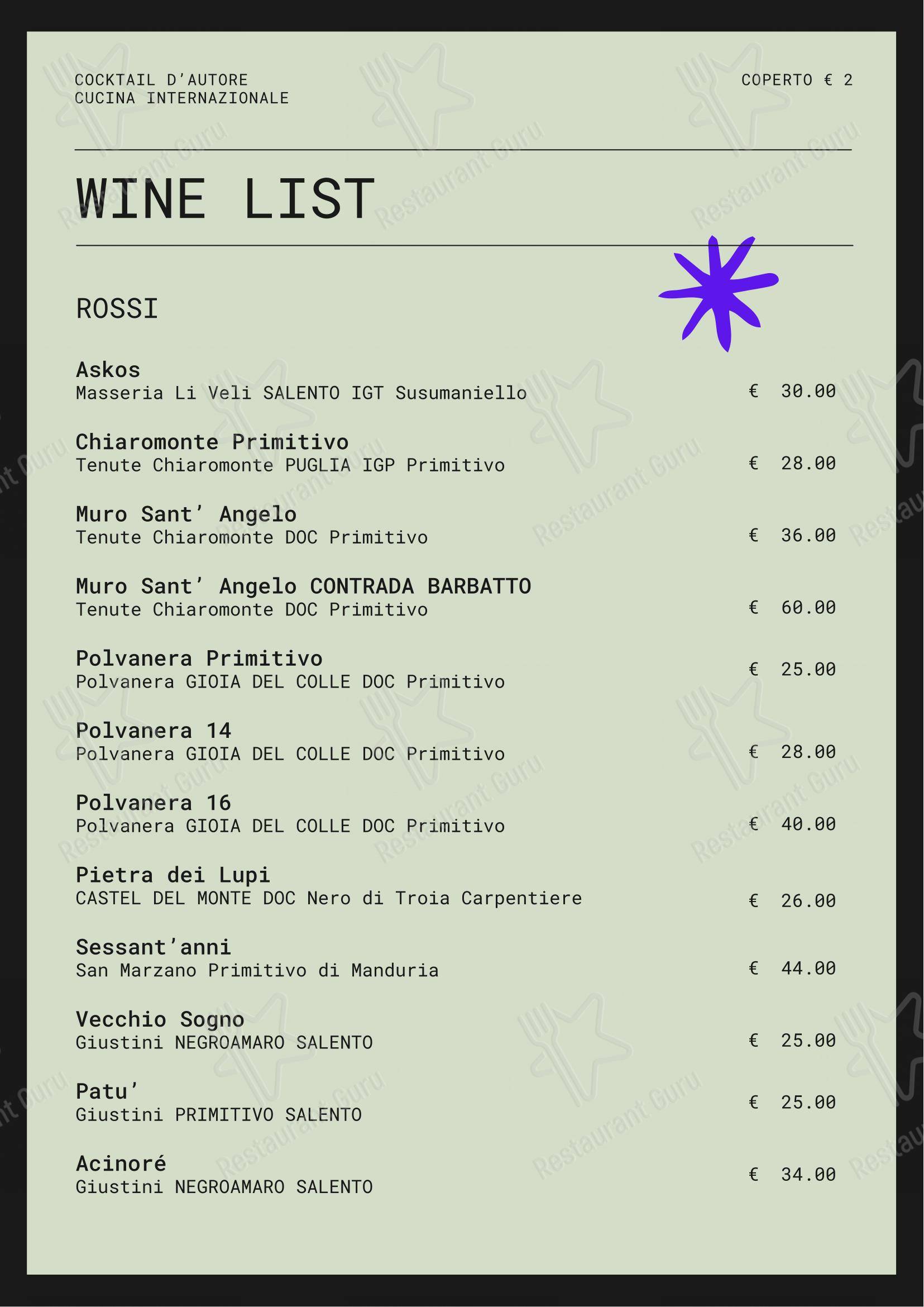 Couch Club in Bari - Menu