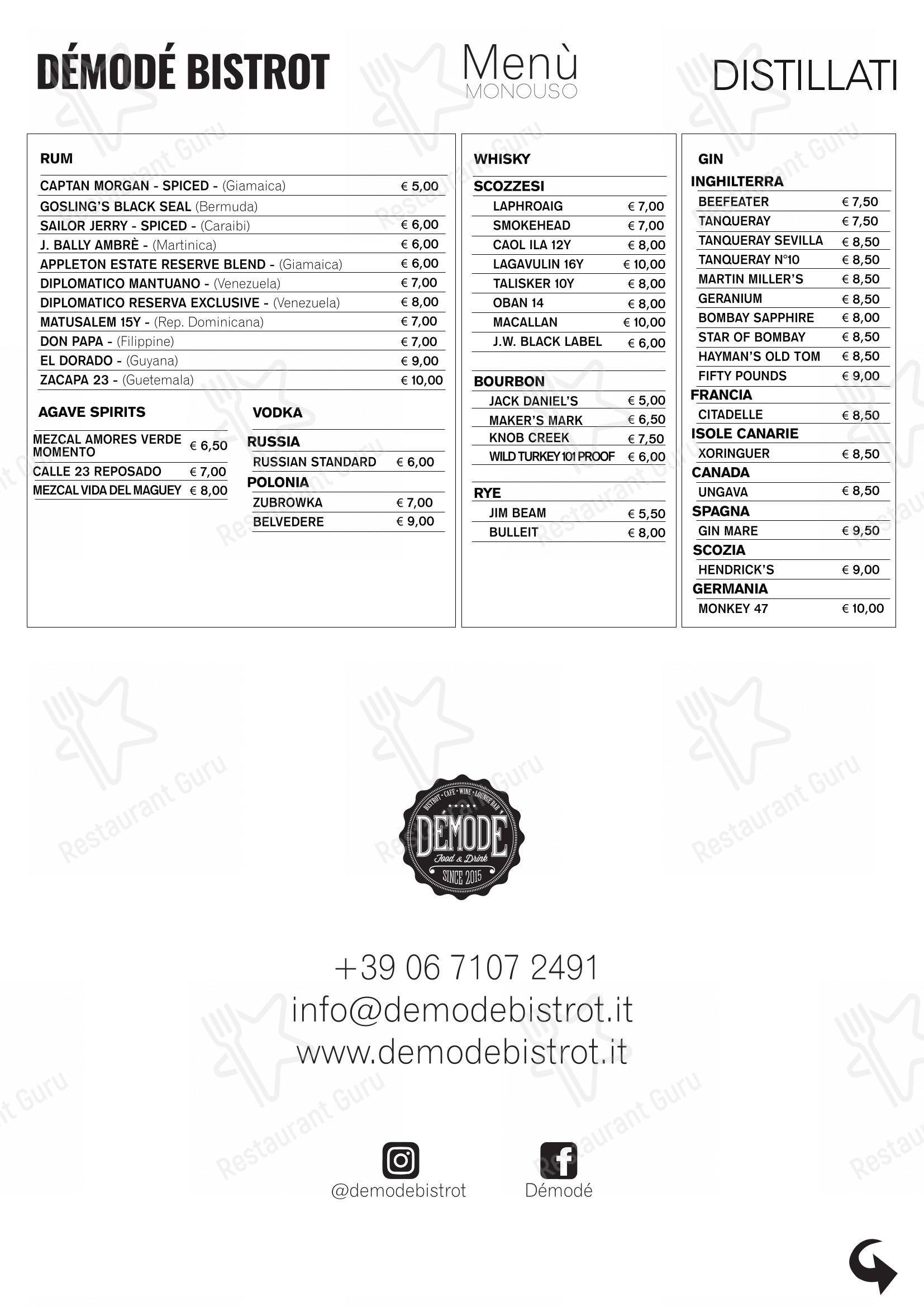 Menu per Démodé in Roma
