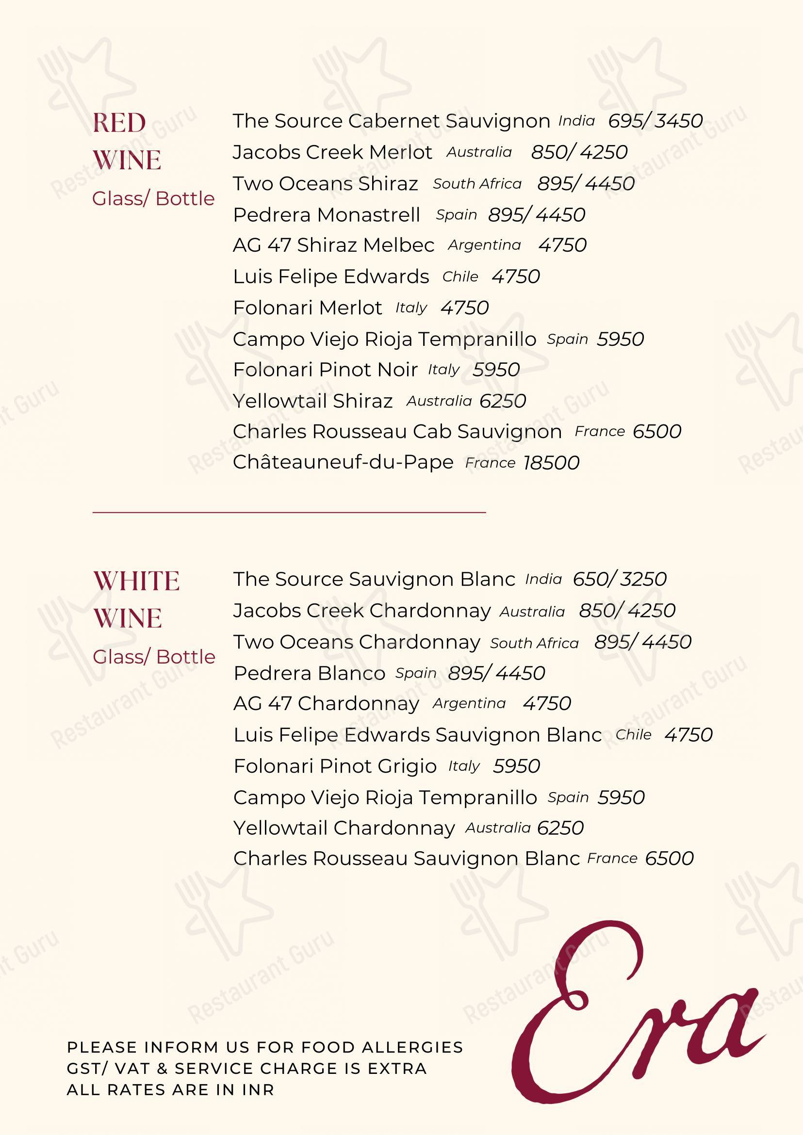 Menu for the Era pub & bar